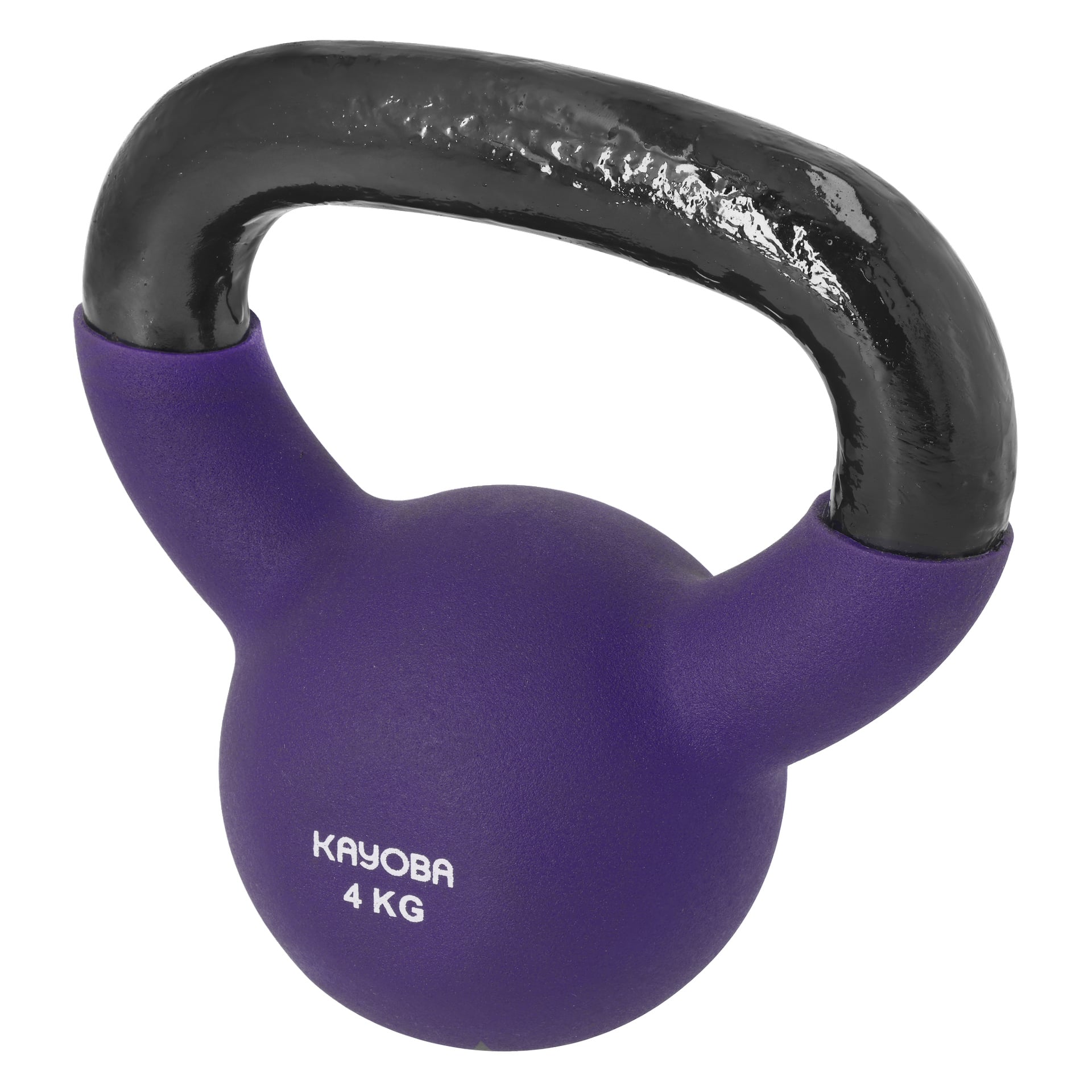 En lila Kayoba kettlebell med svart handtag och 4 kg markering visas.