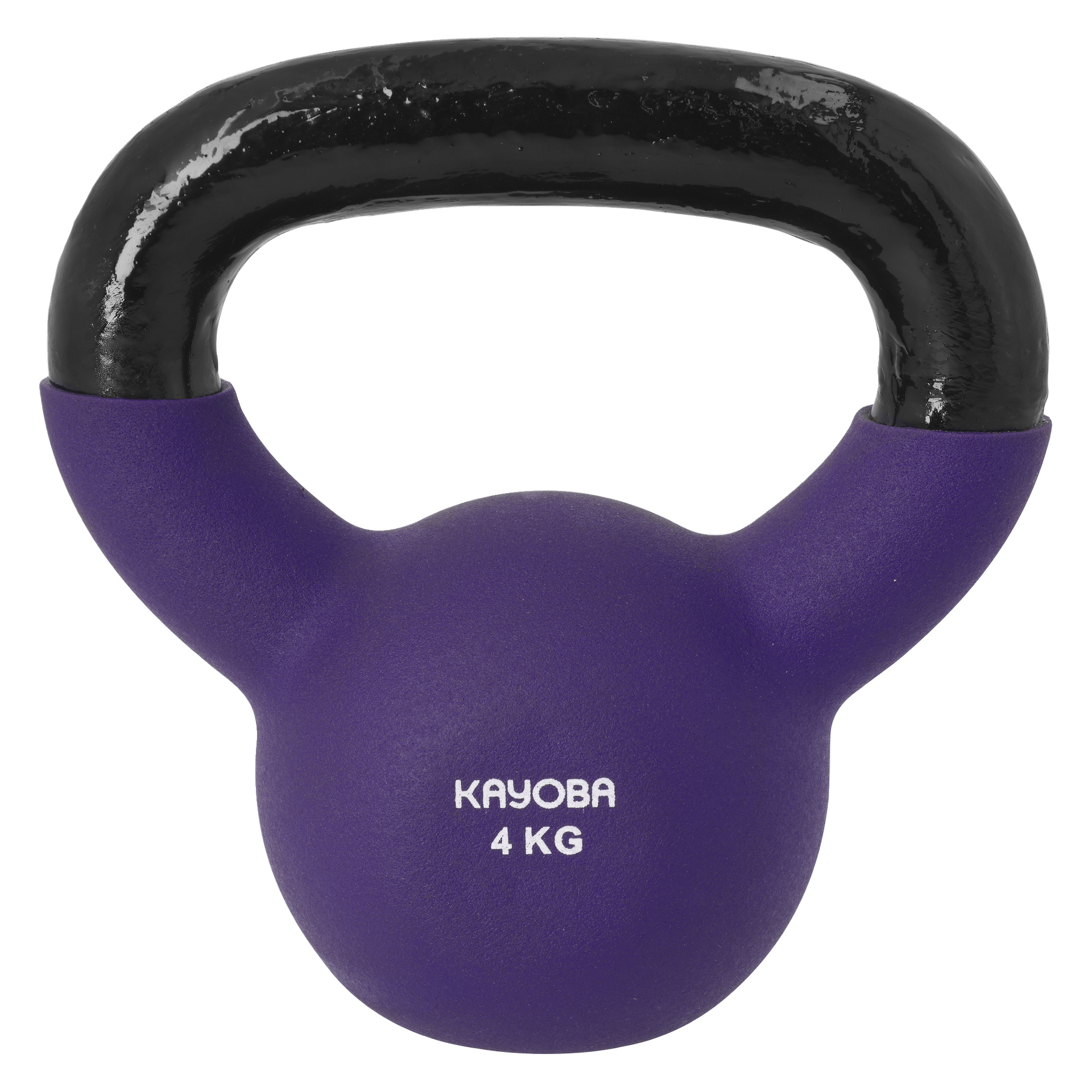 Eine lila Kayoba-Kettlebell mit schwarzem Griff und "Kayoba 4 KG" auf der Vorderseite.