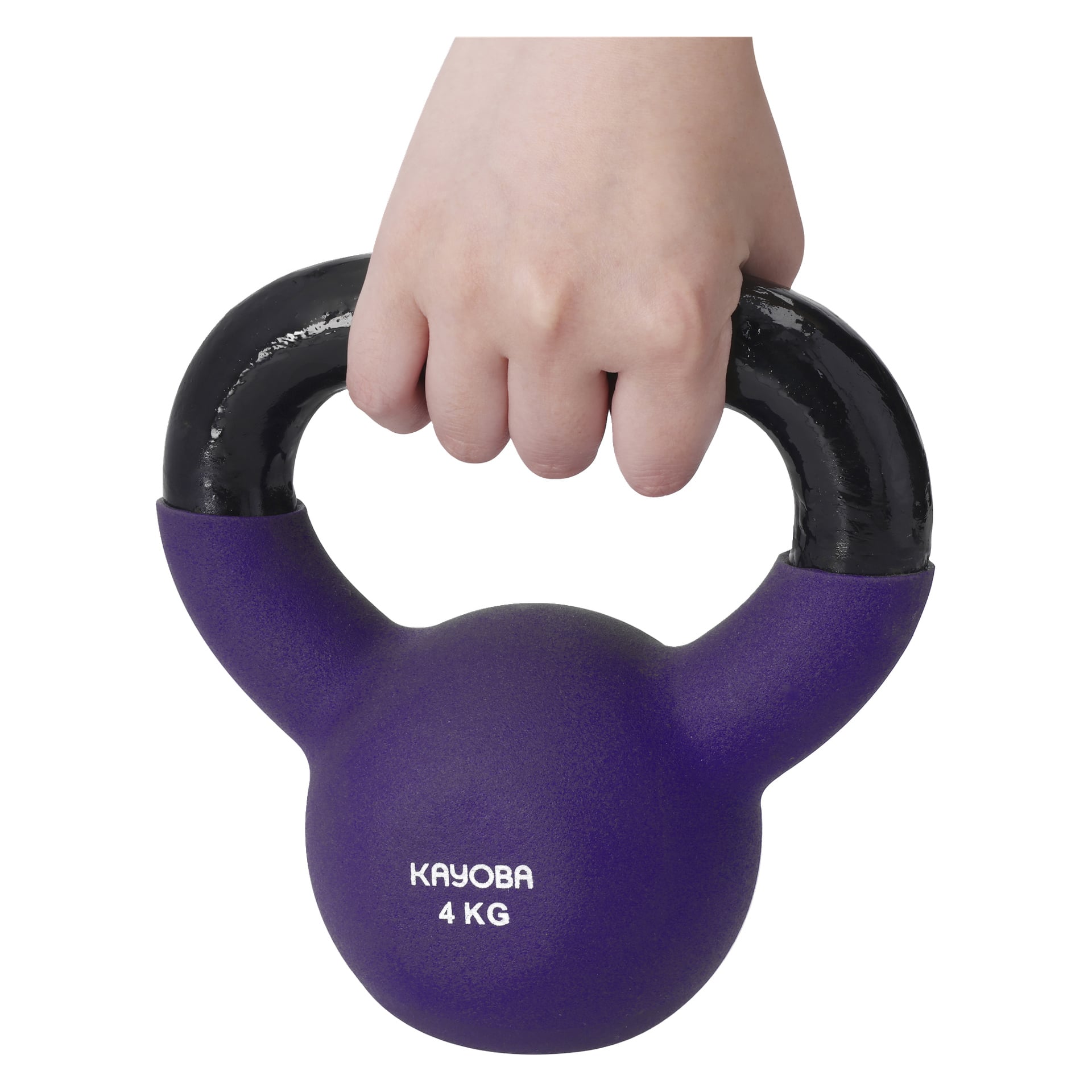 Käsi pitää kiinni violetin ja mustan Kayoba-kahvakuulan kahvasta, joka painaa 4 kg.