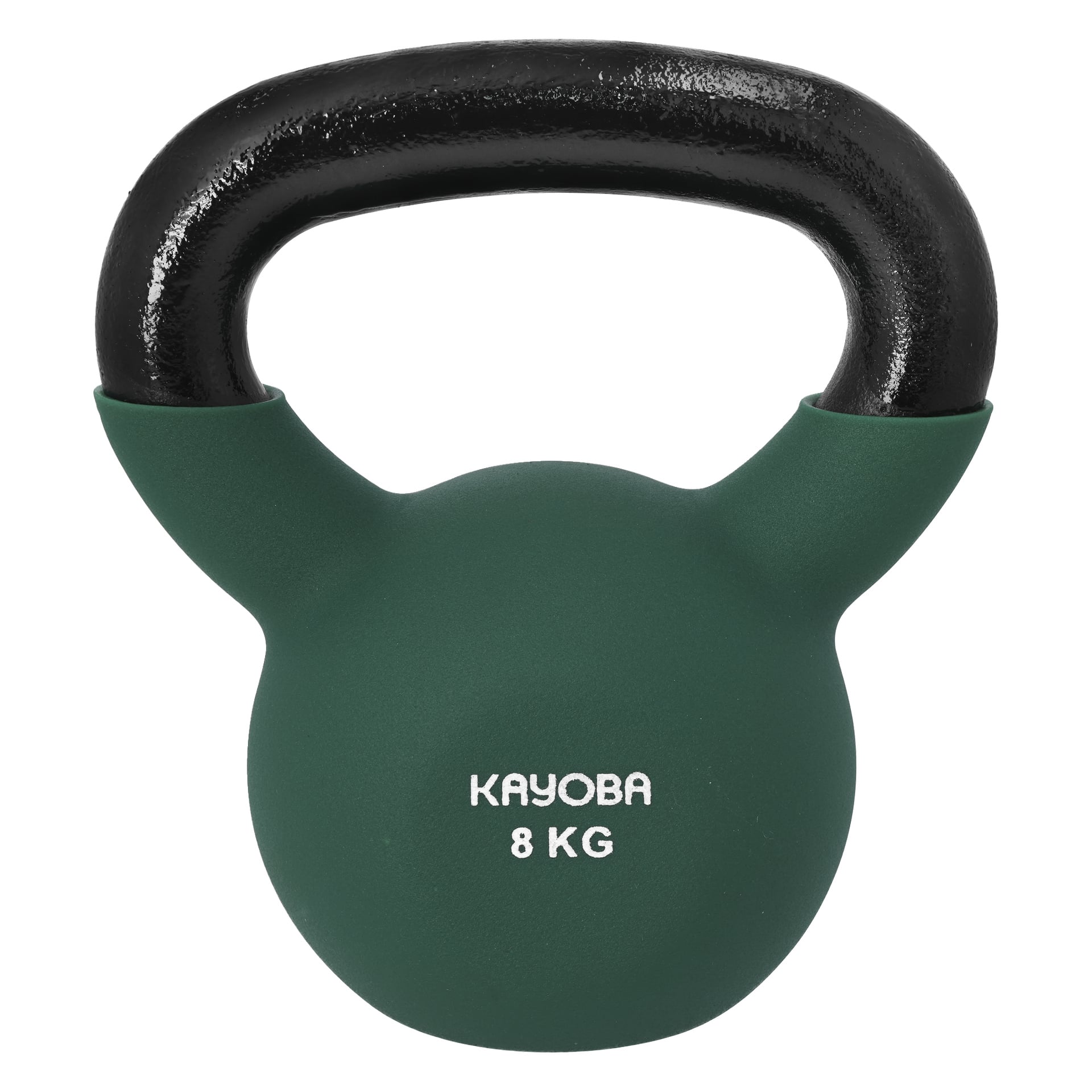 Vihreä Kayoba-kahvakuula, jossa on musta kahva, seisoo pystyasennossa, ja sen etupuolella on valkoisella merkin nimi ja "8 KG".