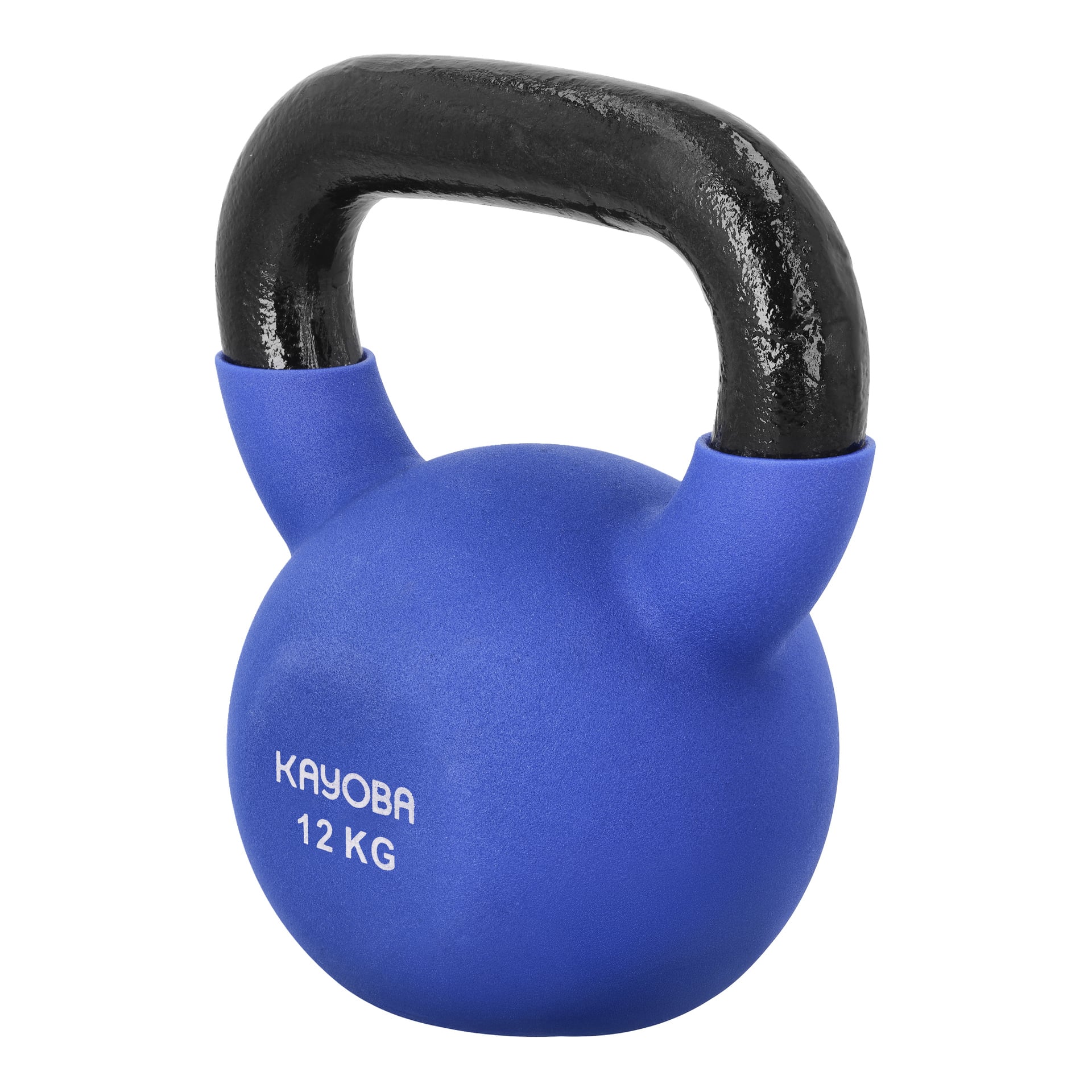 Sininen 12 kg kahvakuula, jossa on musta kahva ja KAYOBA-merkki valkoisena edessä.