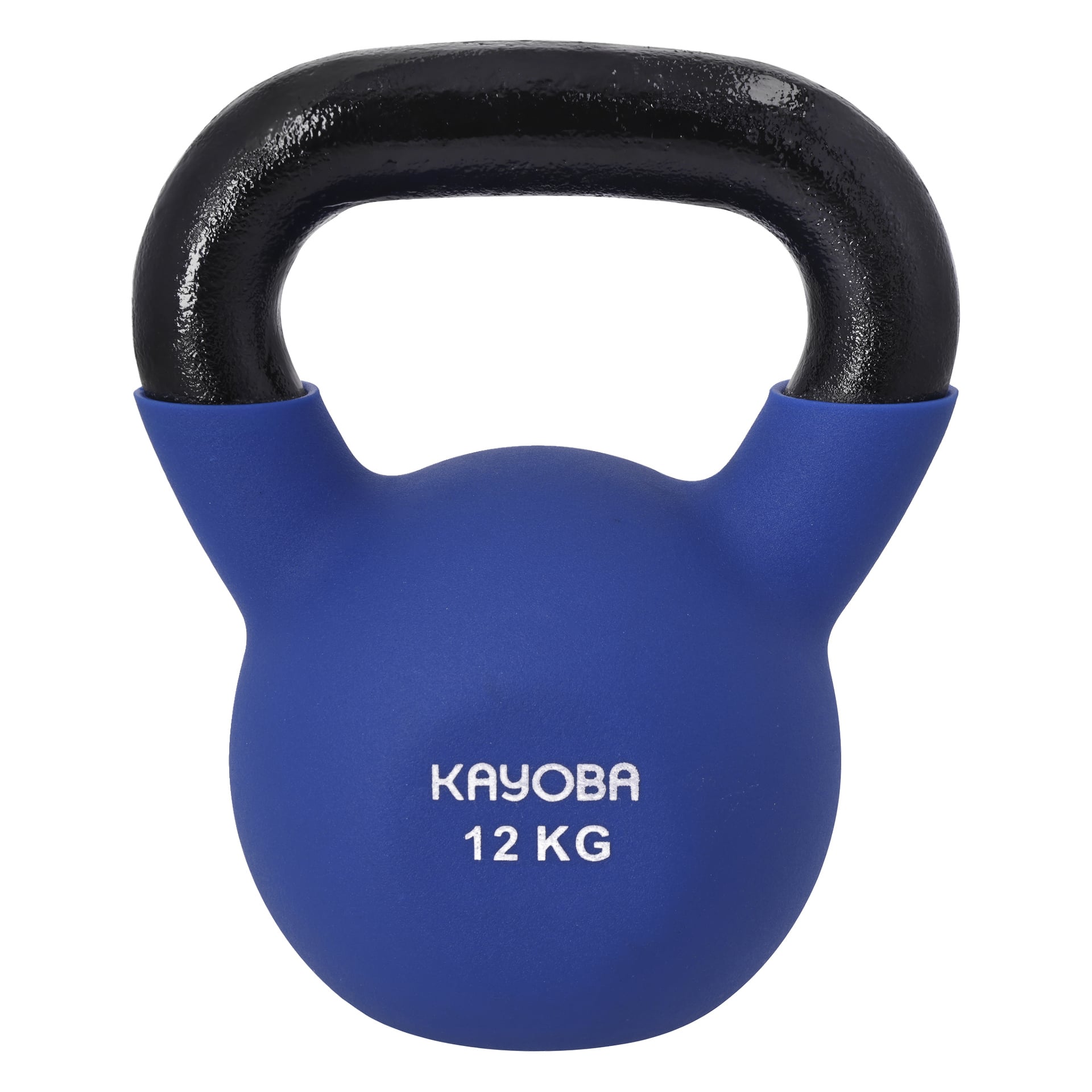 En blå Kayoba kettlebell med svart håndtak og "Kayoba 12 KG" trykt i hvitt på forsiden.