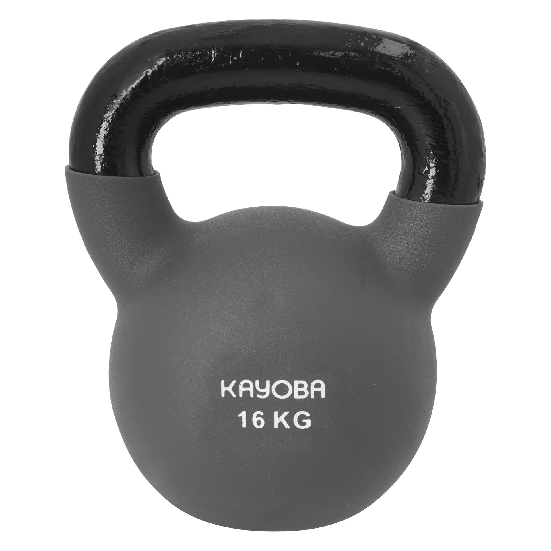 Harmaa Kayoba-kahvakuula, jossa oli musta kahva, ja etupuolella lukee valkoisella tekstillä "Kayoba" ja "16 KG".