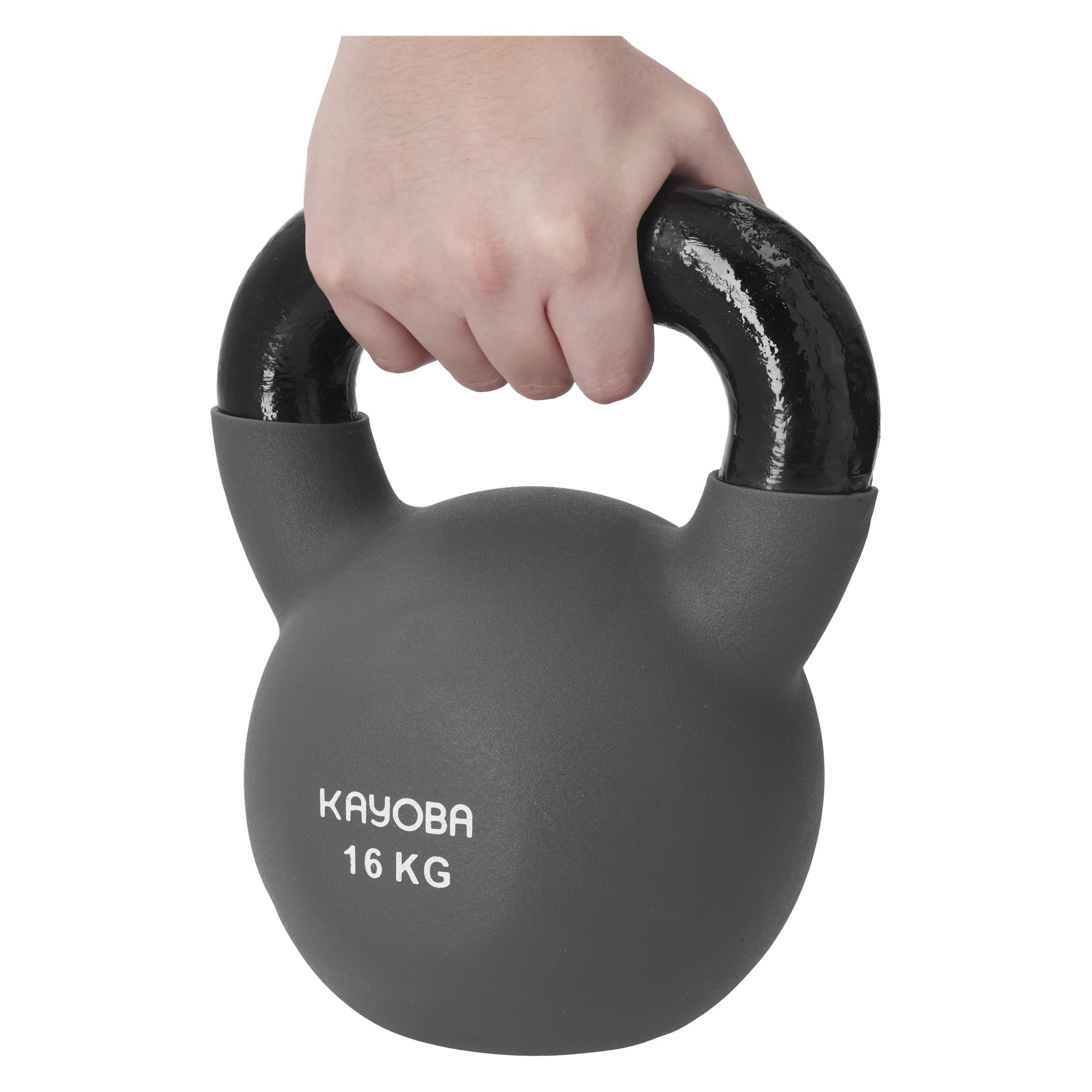 Käsi pitää kiinni harmaan Kayoba-kahvakuulan kahvasta, jonka etupuolella lukee "16 KG".