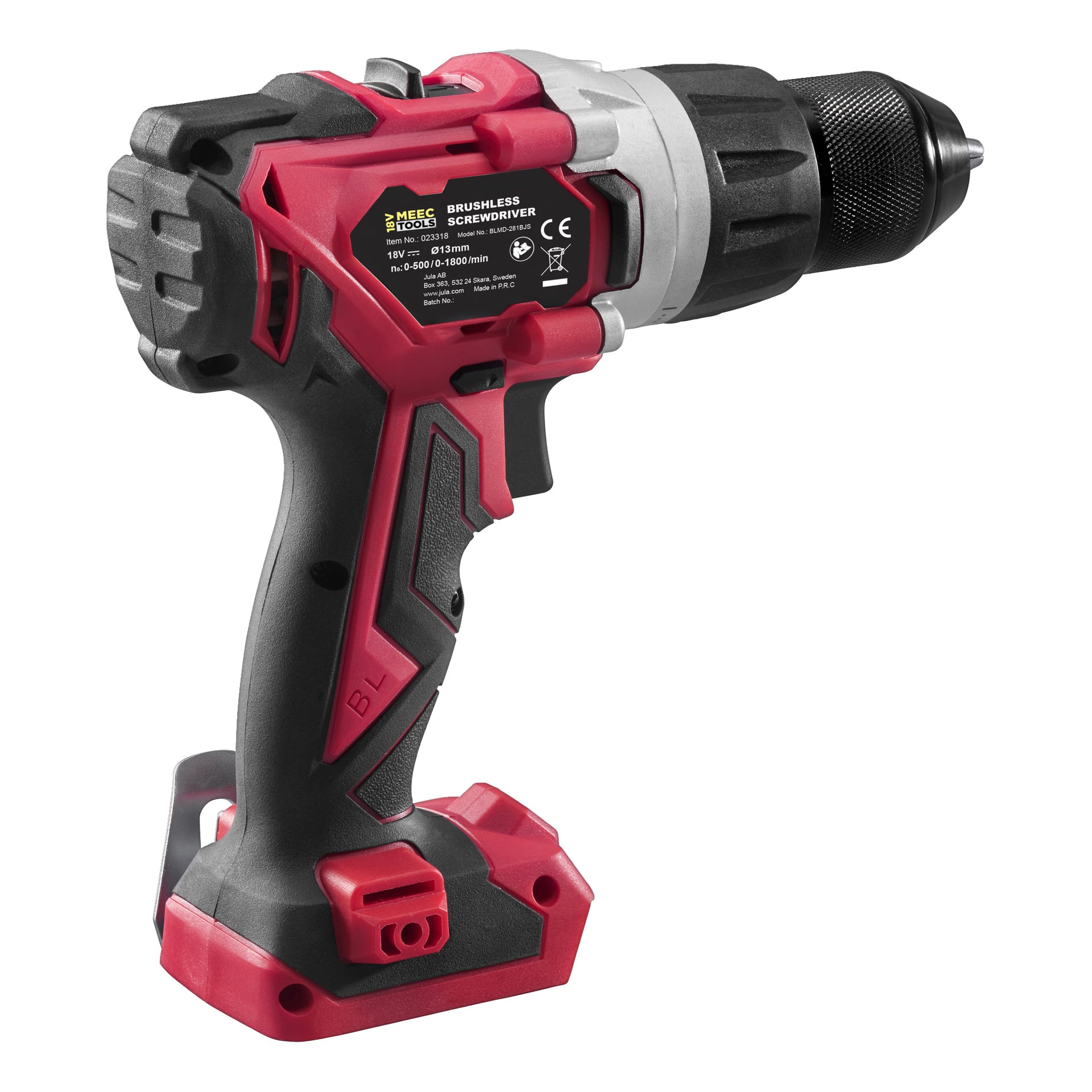 Ett Meec Tools Multiseries Brushless DD-18V WORK 700 skruvmejselkit visas utan batteri. Verktyget har en röd och svart kropp, en silverfärgad chuck och ett svart handtagsgrepp, med en specs-etikett synlig på sidan.