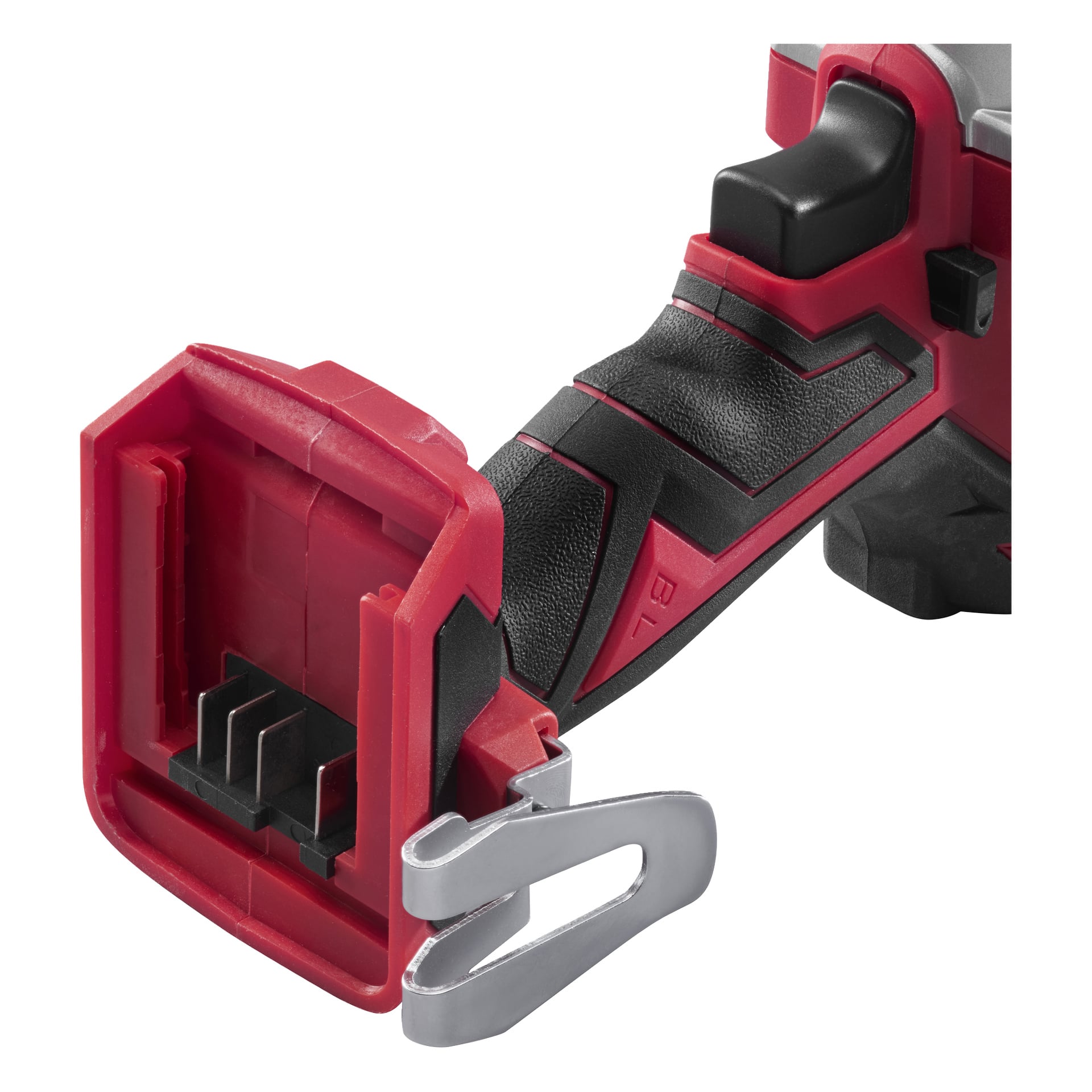 Detaillierte Nahaufnahme des Griffs eines Meec Tools Multiseries bürstenlosen Schraubendreher-Sets DD-18V WORK 700, das rot-schwarze Farbschema, das sichtbare Batteriefach ohne Akku und einen Metallgurtclip an der Seite zu sehen ist.