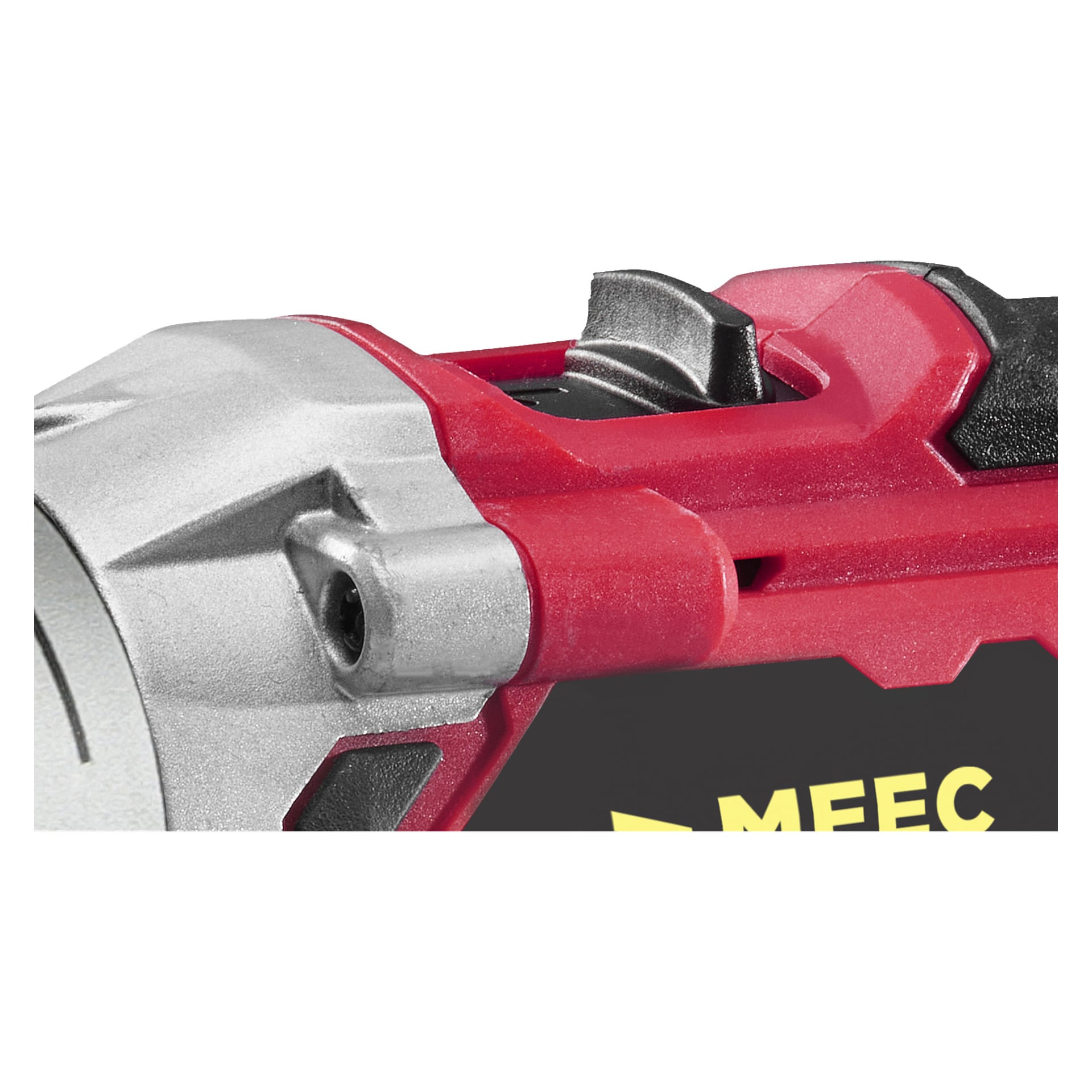 Detaillierte Ansicht des Meec Tools Multiseries bürstenlosen Schraubendreher-Kit DD-18V WORK 700, das seinen rot-silbern strukturierten Metall- und Kunststoffkörper zeigt, mit einem schwarz-gelben Etikett, auf dem der Markenname teilweise sichtbar ist.