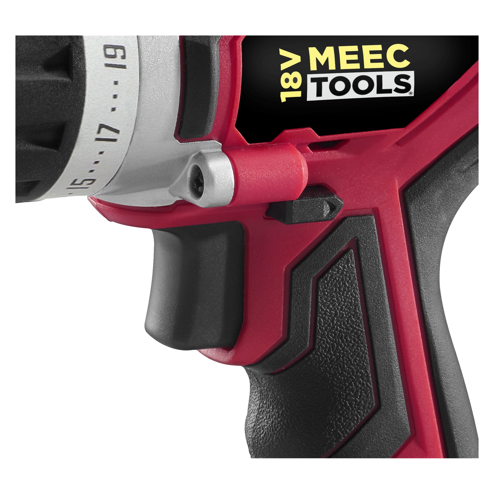 Eine detaillierte Ansicht des rot-schwarzen Griffs aus dem bürstenlosen Schraubendreher-Kit DD-18V WORK 700, mit einem schwarzen Etikett mit Meec Tools Multiseries-Branding; Abschnitte des Chucks und des Abzugs des Werkzeugs sind ebenfalls sichtbar.