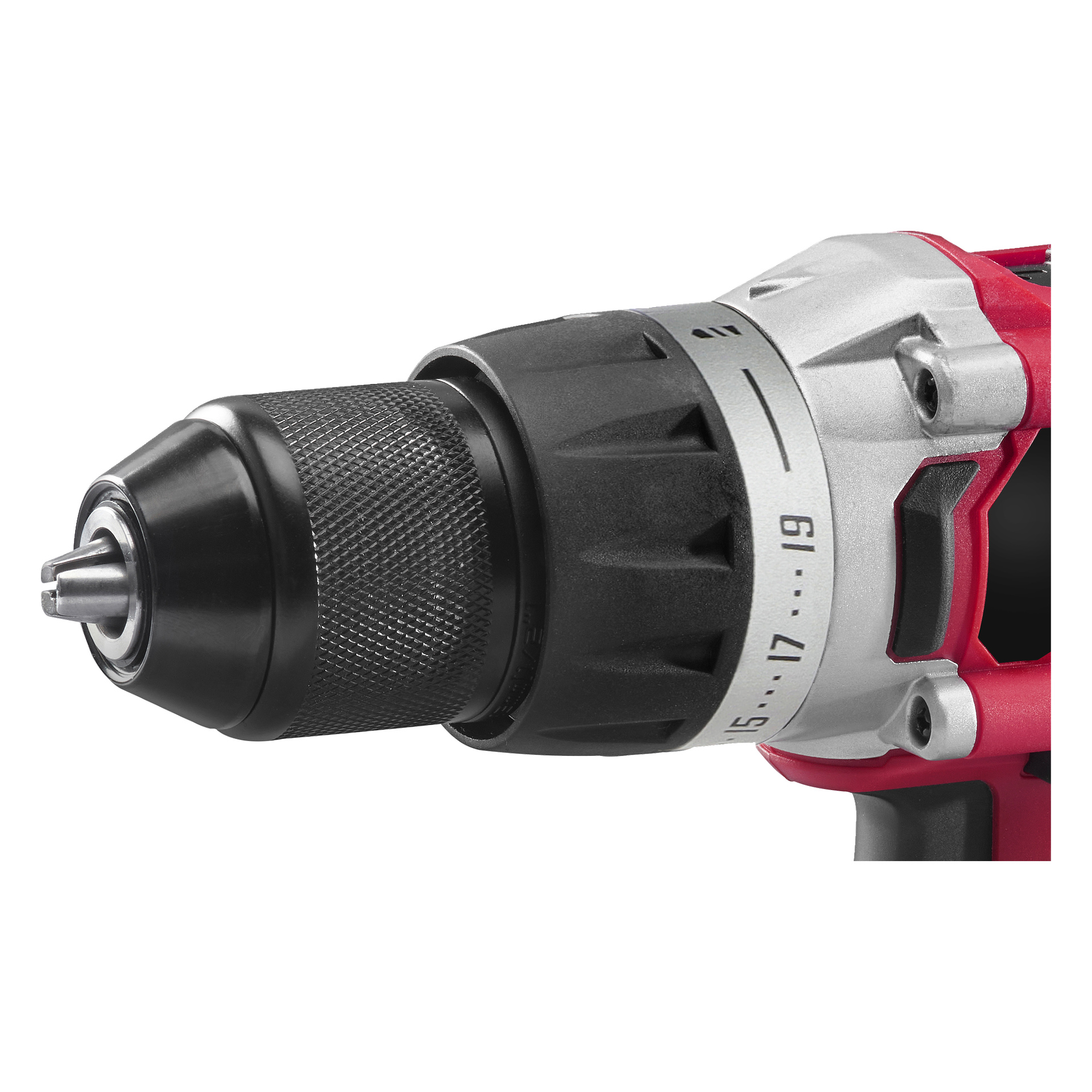 Detaljerad vy av chucken och vridmomentjusteringsringen på Meec Tools Multiseries Brushless-skruvmejselkit DD-18V WORK 700, som visar synliga numrerade inställningar tillsammans med delar av det röda och silverfärgade höljet.