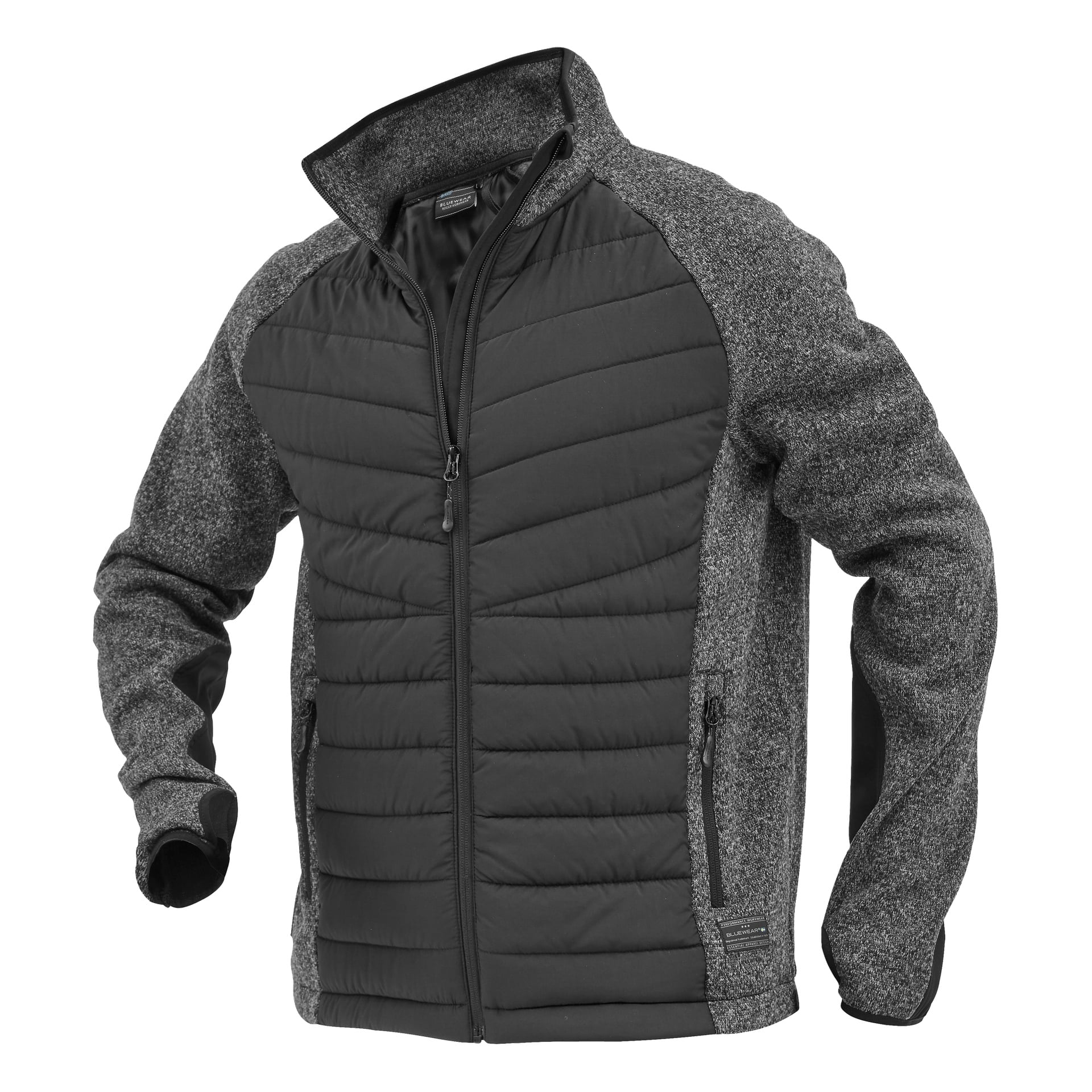 Herrarnas hybridjacka Hilmer från Bluewear har en grå och svart dragkedja med vadderade paneler framtill och ärmar, stående krage, två dragkekedjor i sidorna och texturerat grått tyg på axlar, ärmar och sidor.