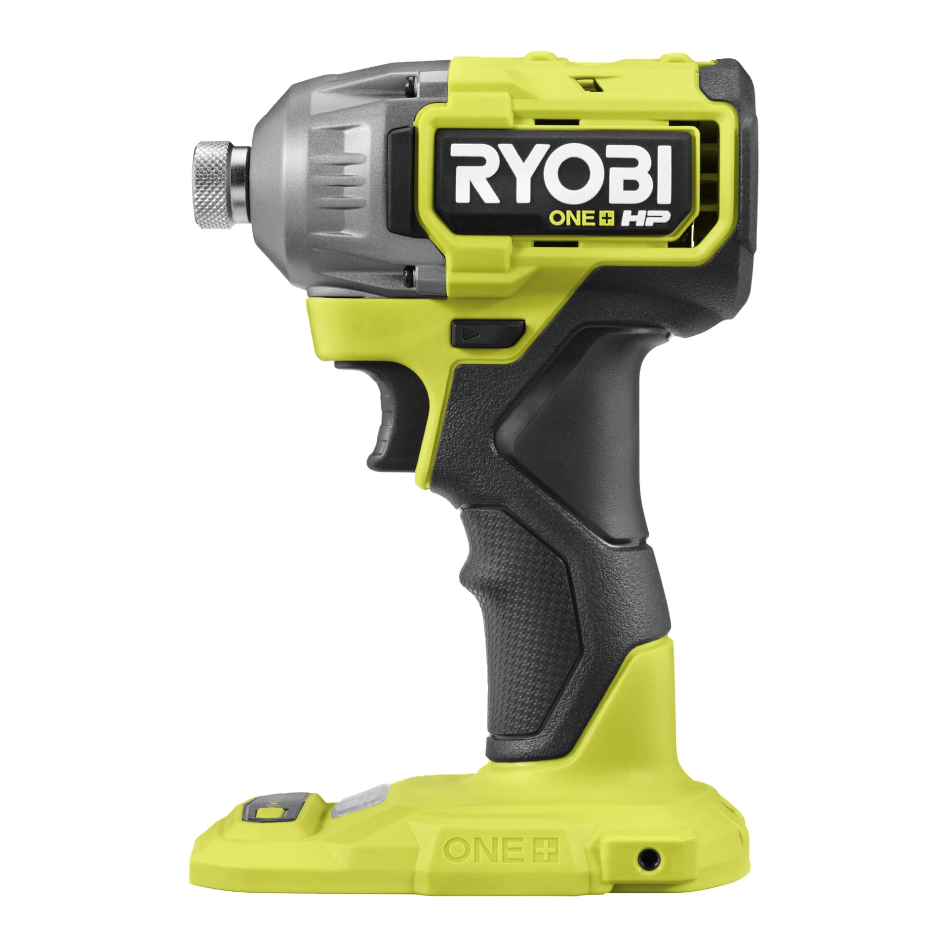 Sidovy av en Ryobi One+ HP Brushless slagdragare RID18X1-0, svart och gulgrön, visad utan batteri.