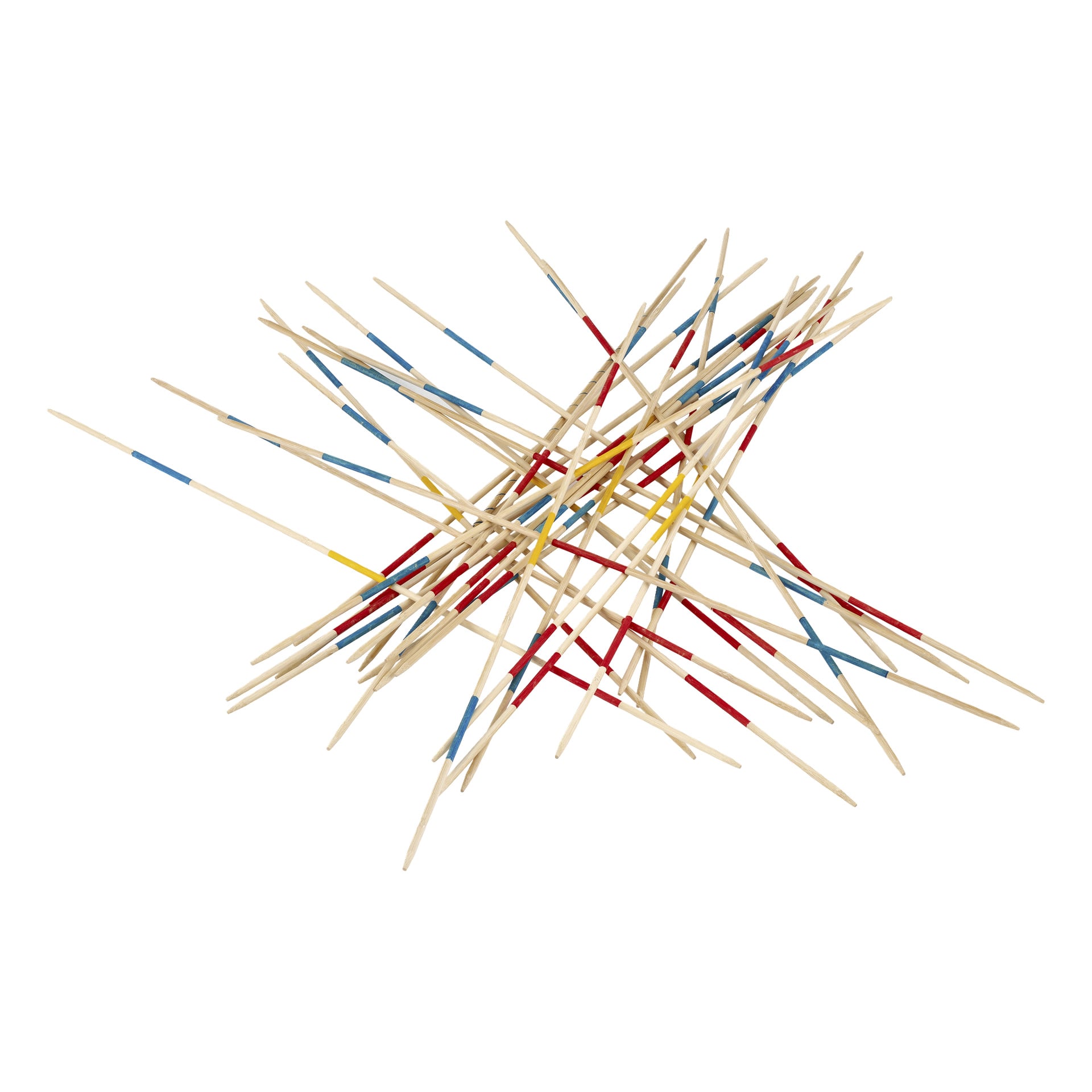 Kayoba Pick-up Sticks XXL (31 delar) med röda, blå och gula band utspridda slumpmässigt.
