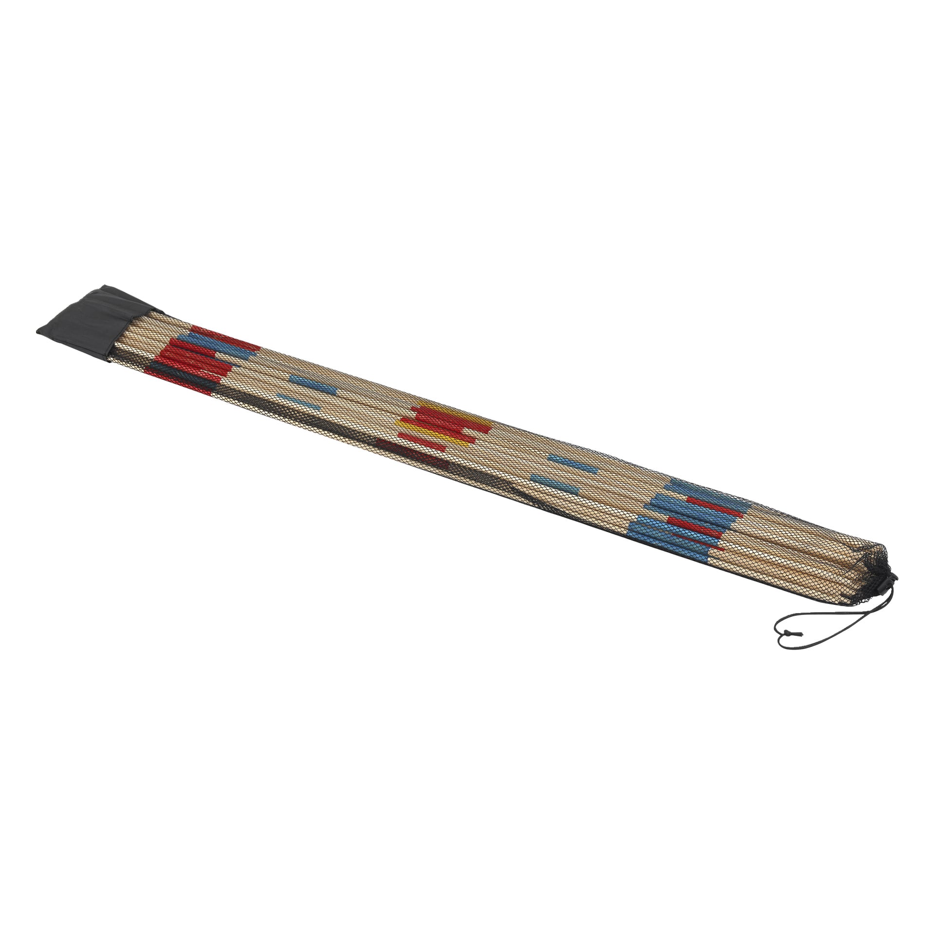 Kayoba Pick-up Sticks XXL innehåller 31 träpinnar med röda, blå och gula spetsar, förvarade i en nätdragskopåse.