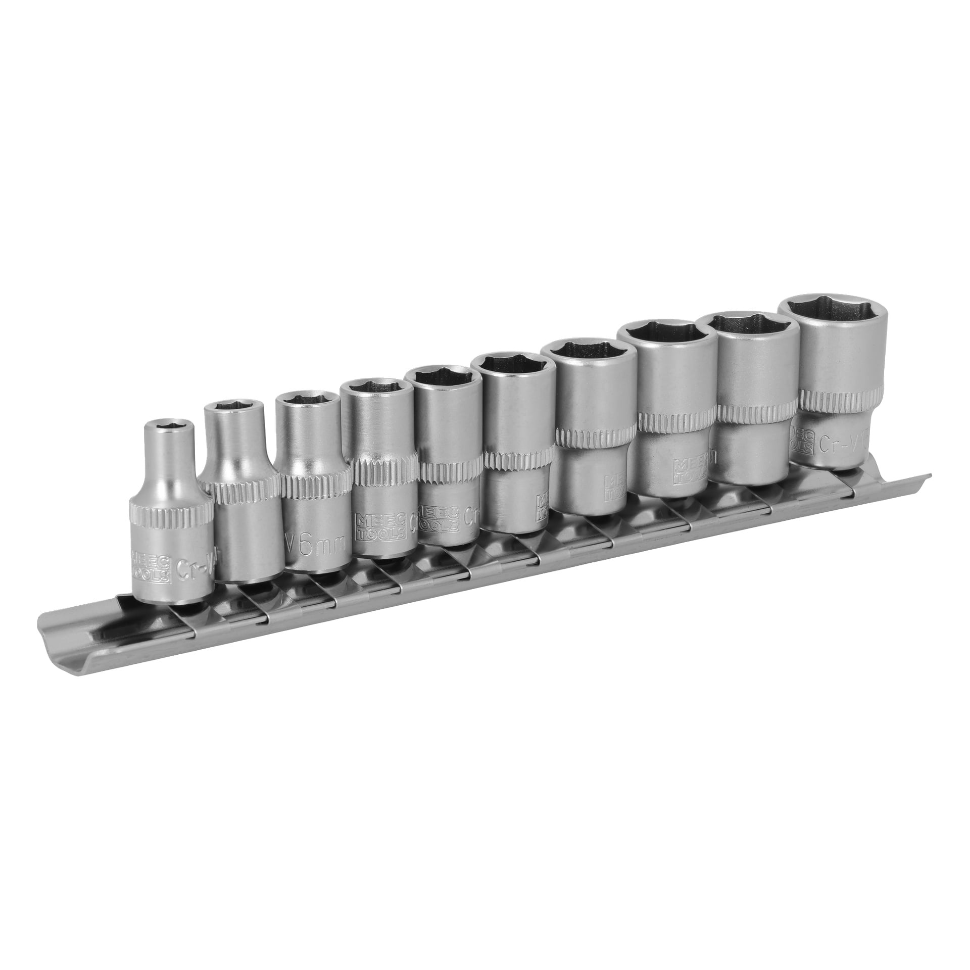 Meec Tools pipe-sett med 10 metallnøkler på skinne, designet for å stramme eller løsne muttere og bolter.