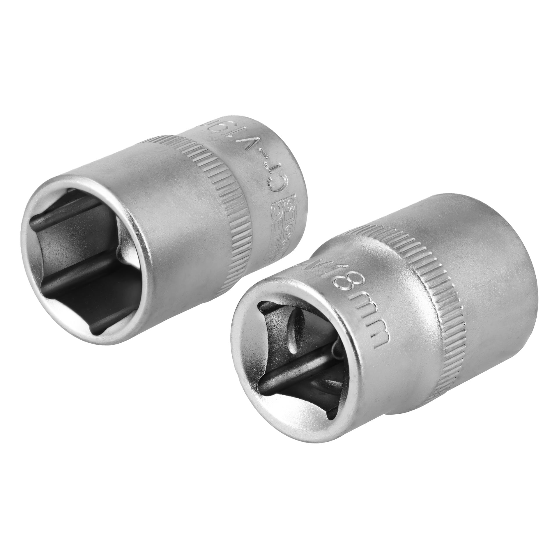 To matte sølv pipenøkkelhoder fra Meec Tools ligger side om side, begge med firkantede åpninger og riflede grep. Den ene viser 8 mm.