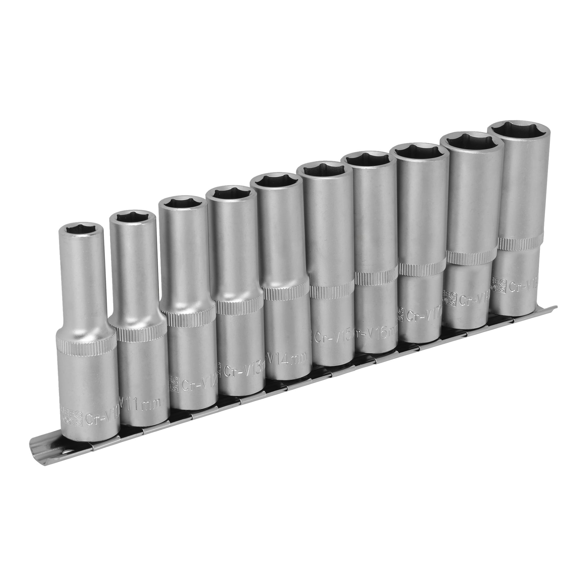 Meec Tools 10-delade hylsor har tio djupa metallhylsor i graderade storlekar, uppradade på en metallskena.