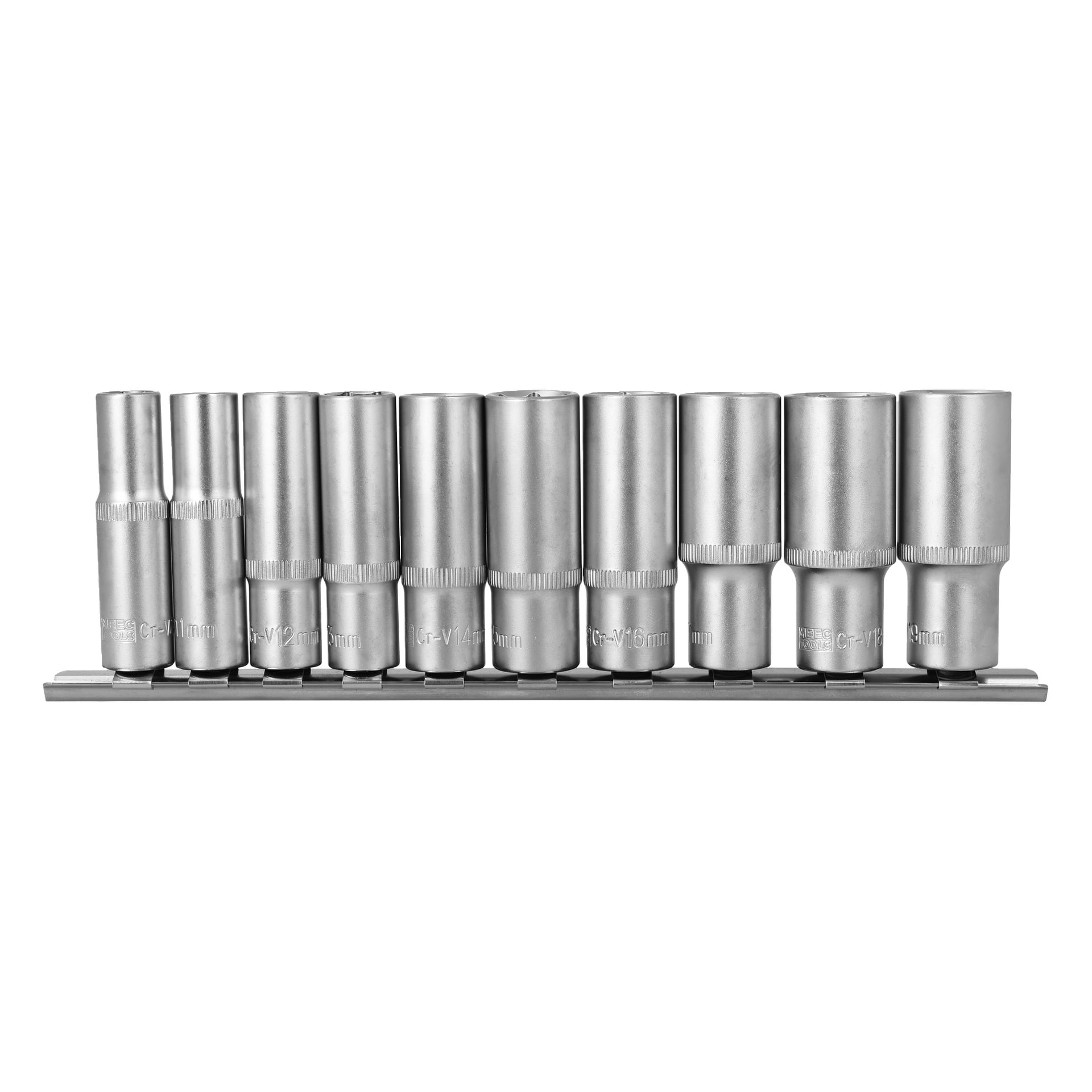 Det 10-delte Meec Tools pipesettet inkluderer sølvpiper i ulike størrelser, organisert på en metallskinne med tydelige markeringer.