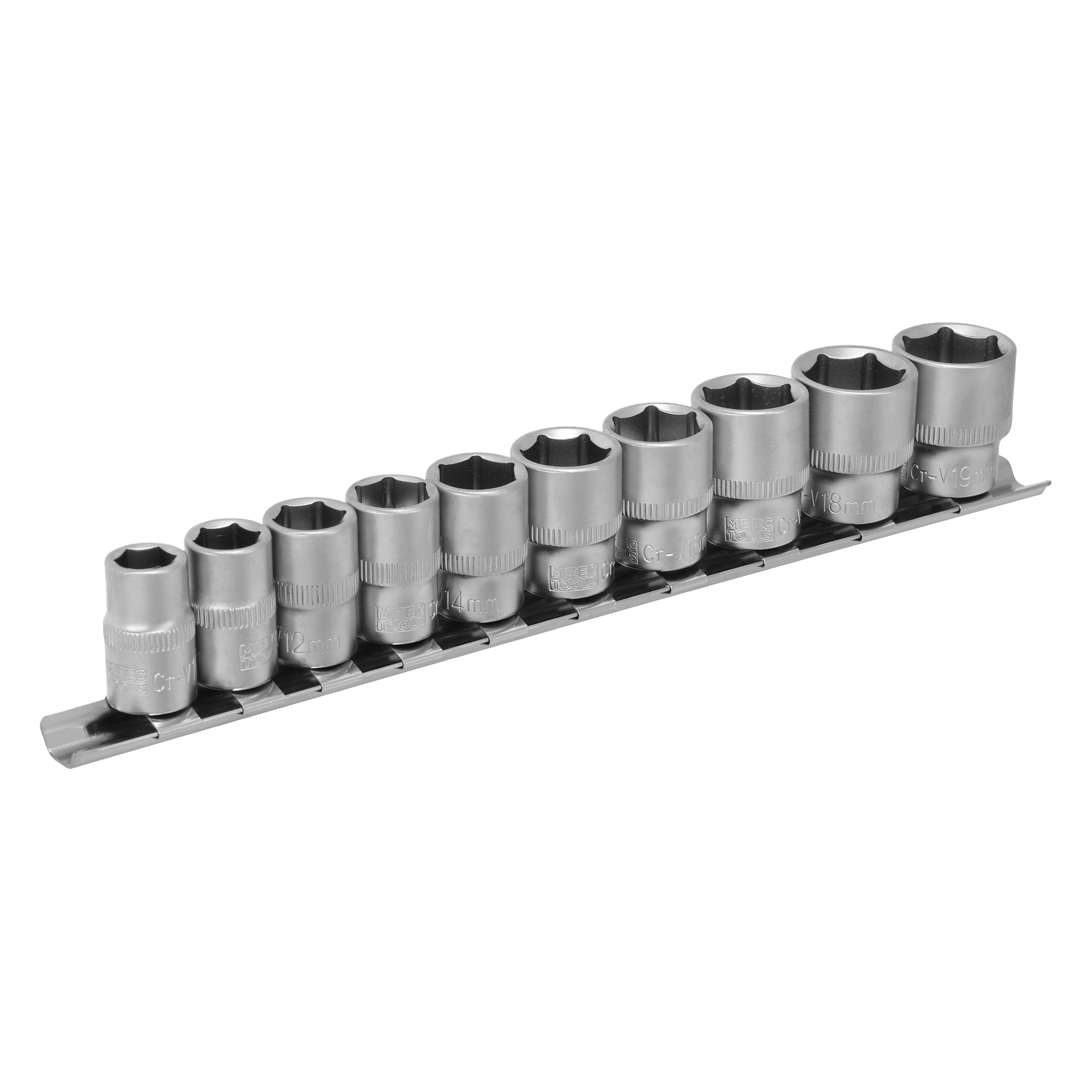 Meec Tools 10-delt pipesett med ti metalliske sekskantnøkler, pent justert etter størrelse på en metallskinne.