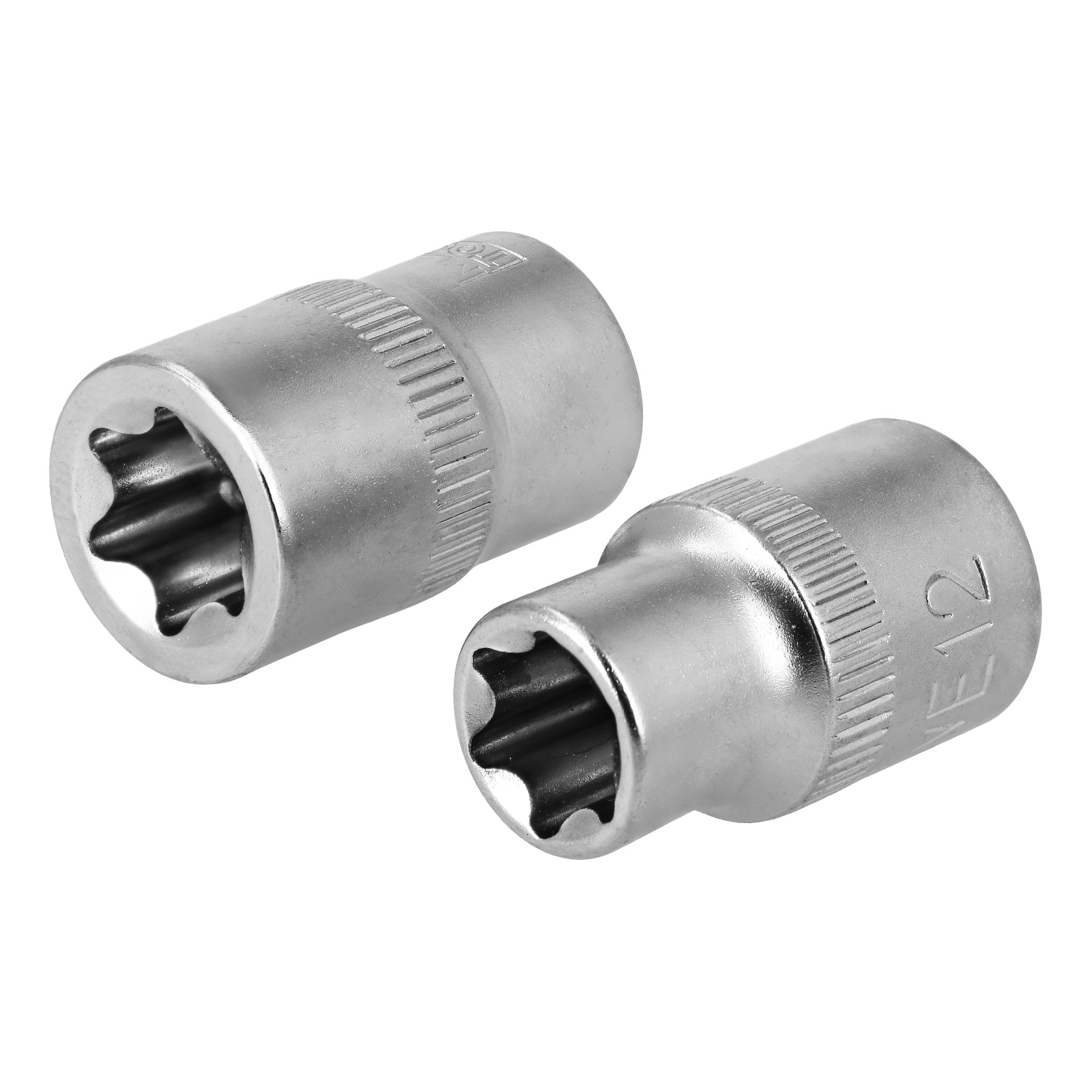 Par metallhylsor i E12 Torx från Meec Tools, placerade så att de visar både sidor och front med klara tolvuddiga stjärnöppningar.