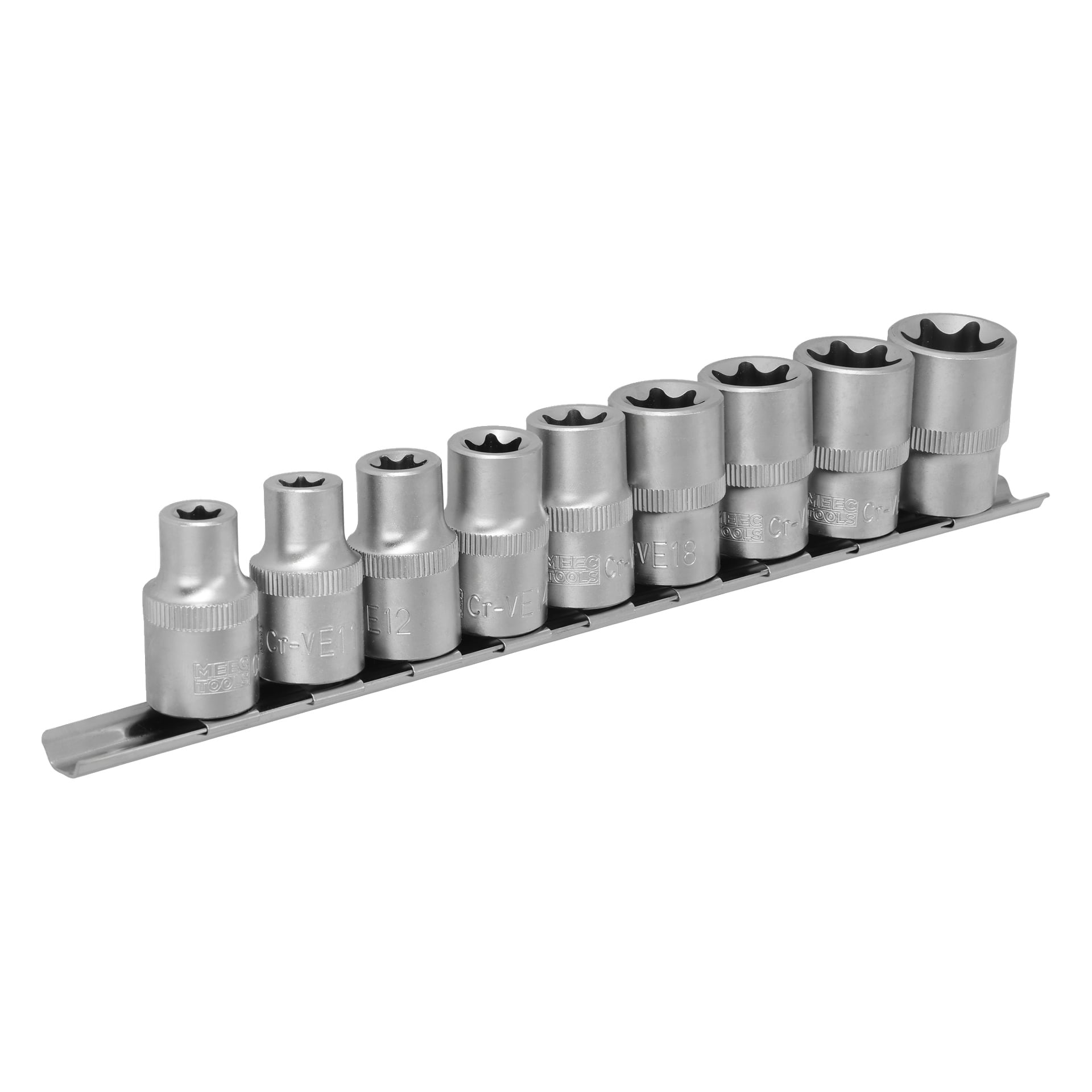 Ett set med 9 Meec Tools E-Torx stjärnhylsor i olika storlekar, organiserade på en enda metallskena.