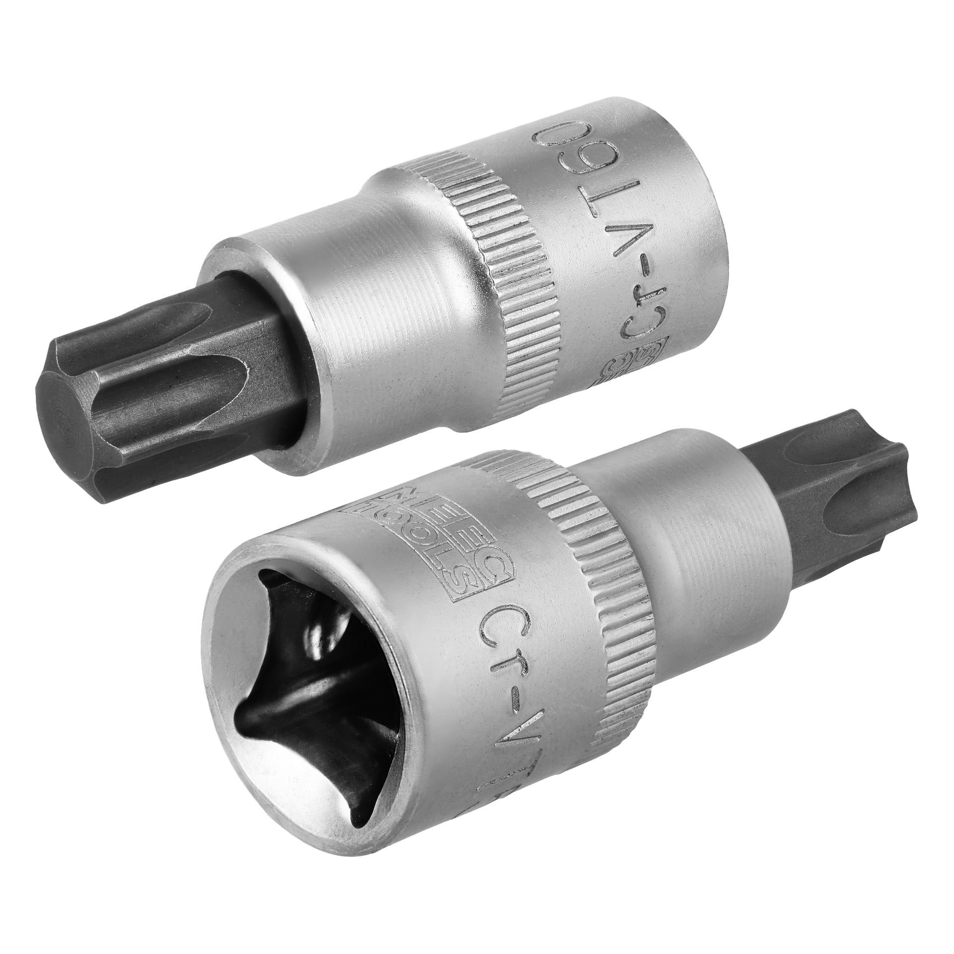 Två silverfärgade Torx-bitshylsor från ett Meec Tools sexdelat set, med stjärnformade spetsar och sexkantade baser för hylsnyckel.
