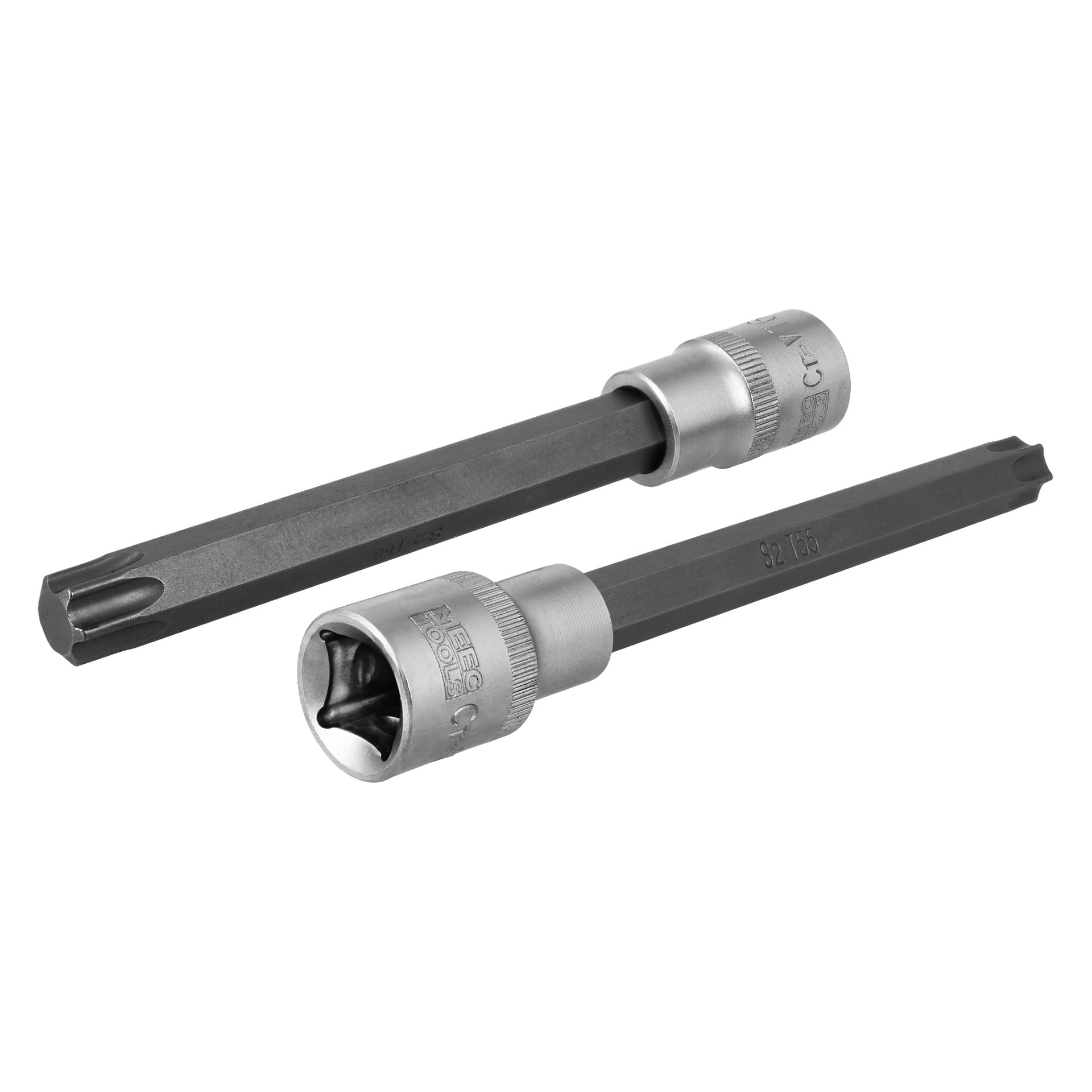 Meec Tools Torx-bitsset inkluderar 6 metallhylsor med sexkantade axlar och stjärnformade spetsar i olika storlekar.