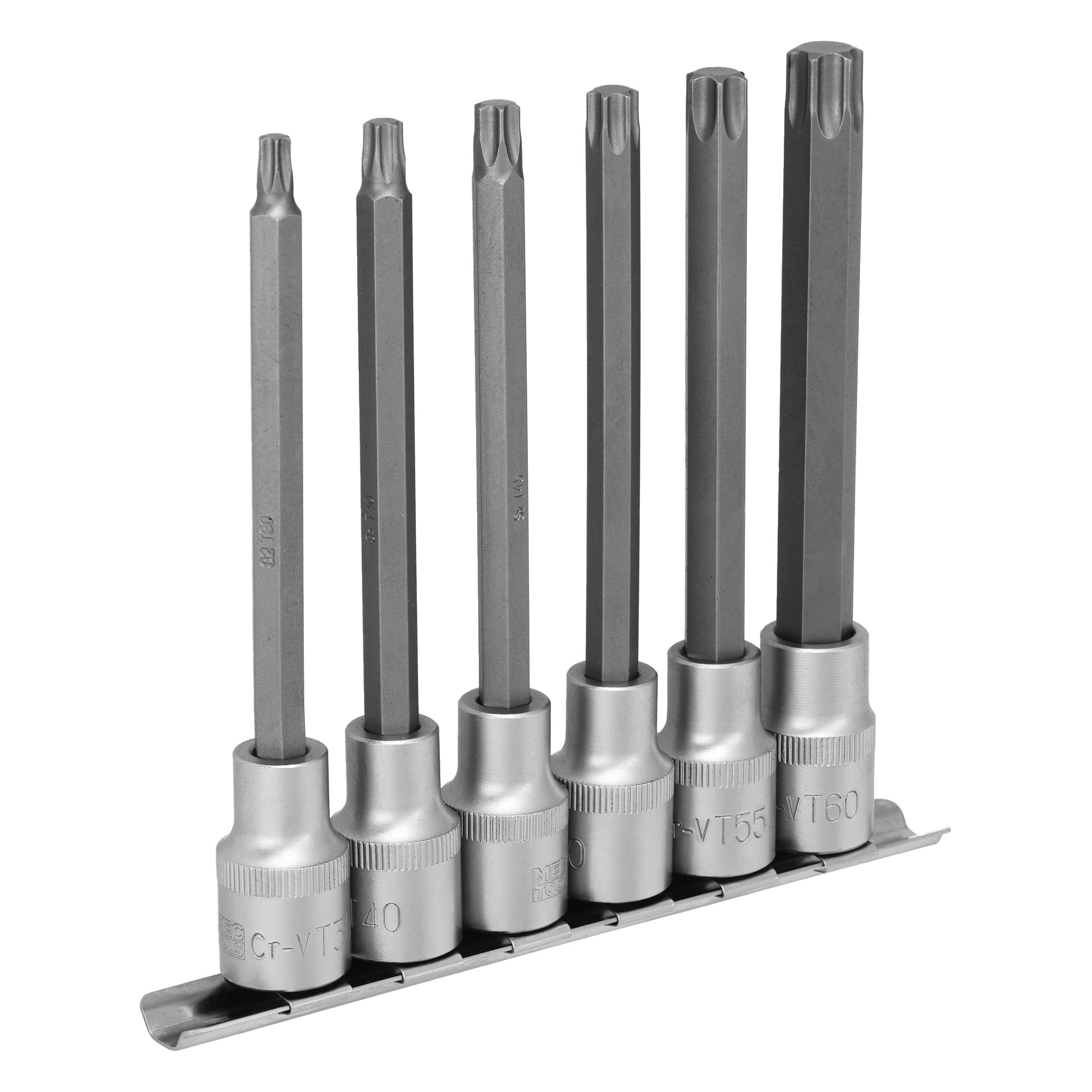 Meec Tools Torx-bitset har 6 stjärnformade hylsbits med silversocklar och grå axlar, organiserade i en metallhållare.