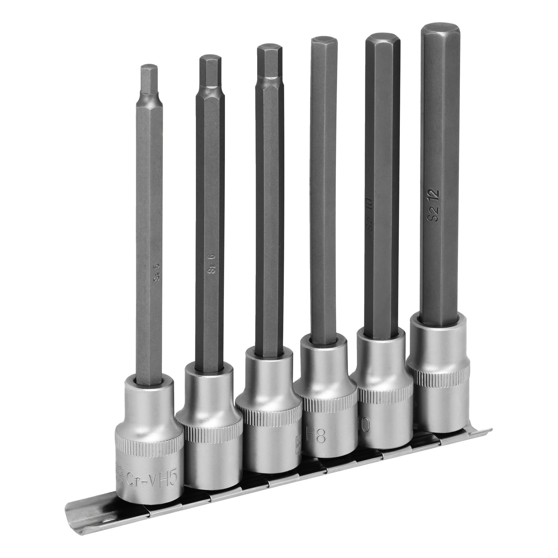 Seks Meec Tools-borhylser med sølvbunn og mørke sekskantaksler er plassert på en robust metallholder, hver pip merket.