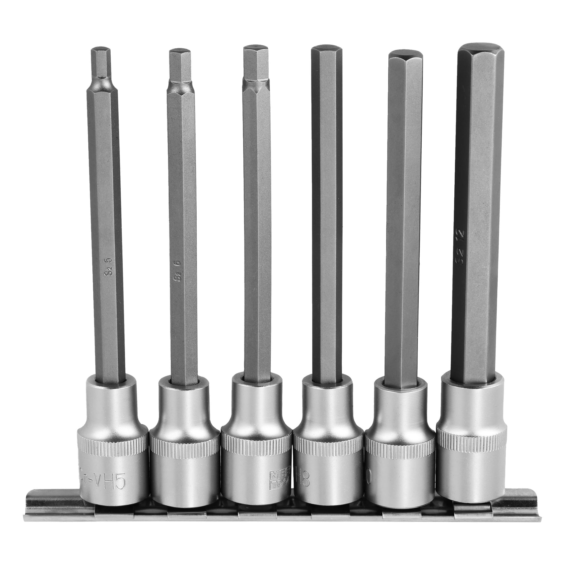 Seks Meec Tools sekskantbit-pipenøkler med sølvhåndtak og lange aksler, plassert vertikalt i en metallholder.