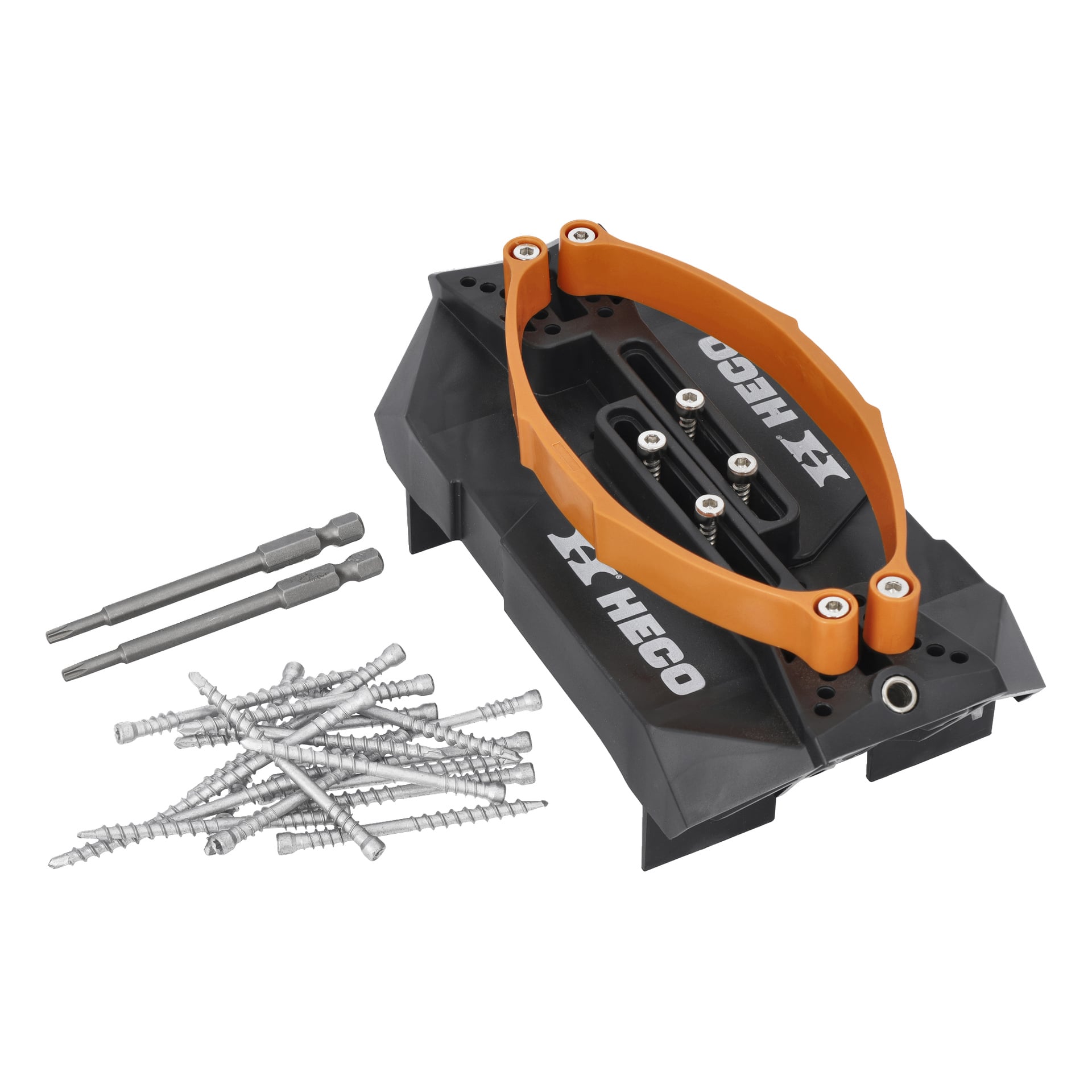 Ett svart och orange Heco Starter-kit för installation av däck, märkt "Decking tool+", med två skruvbitar och ett set metalliska träskruvar.