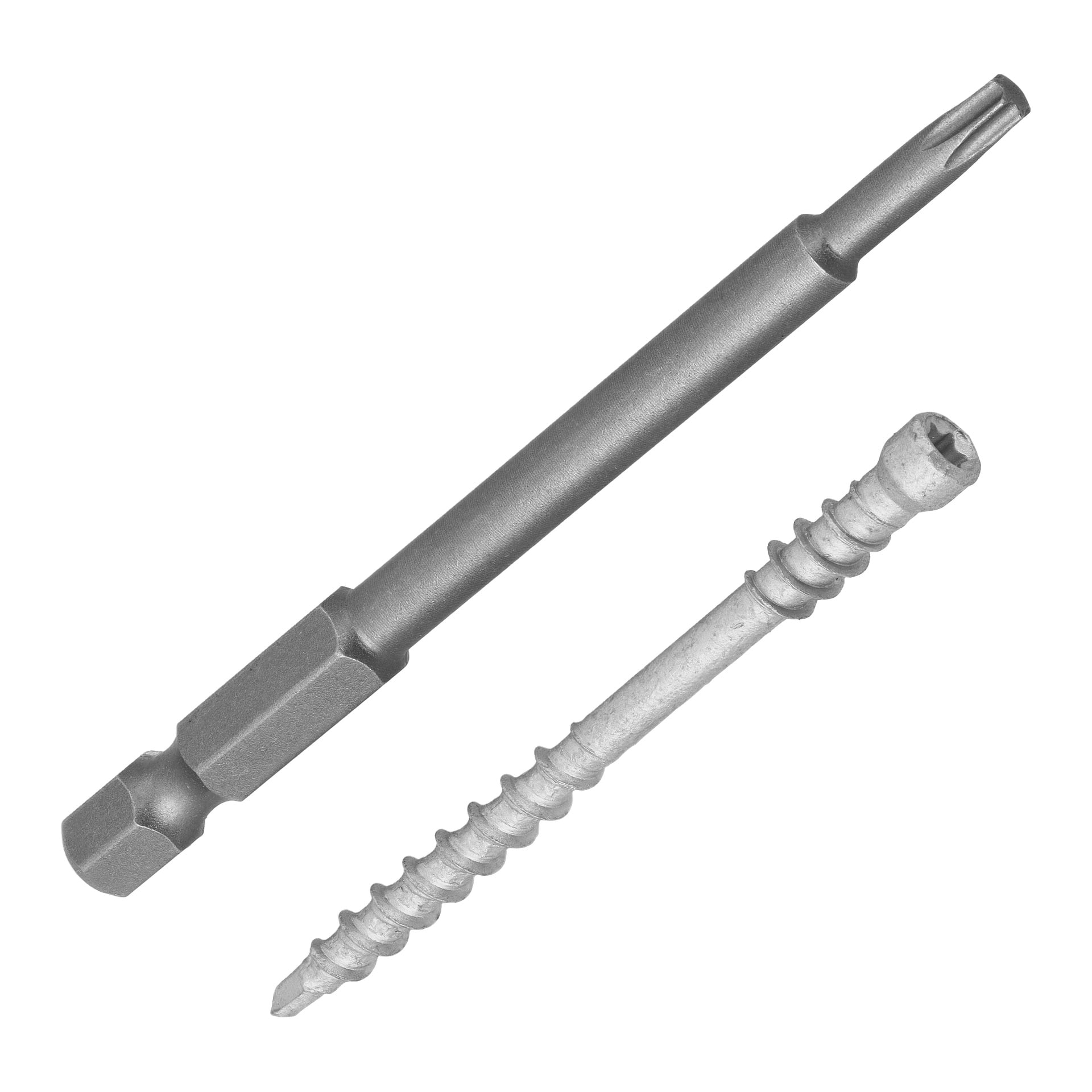 En silverfärgad skruvmejselbit med stjärnformad spets från Heco Starter-kit, däckinstallation Decking Tool+ är placerad ovanpå en matchande silverskruv med torxdrivning och grova gängor.