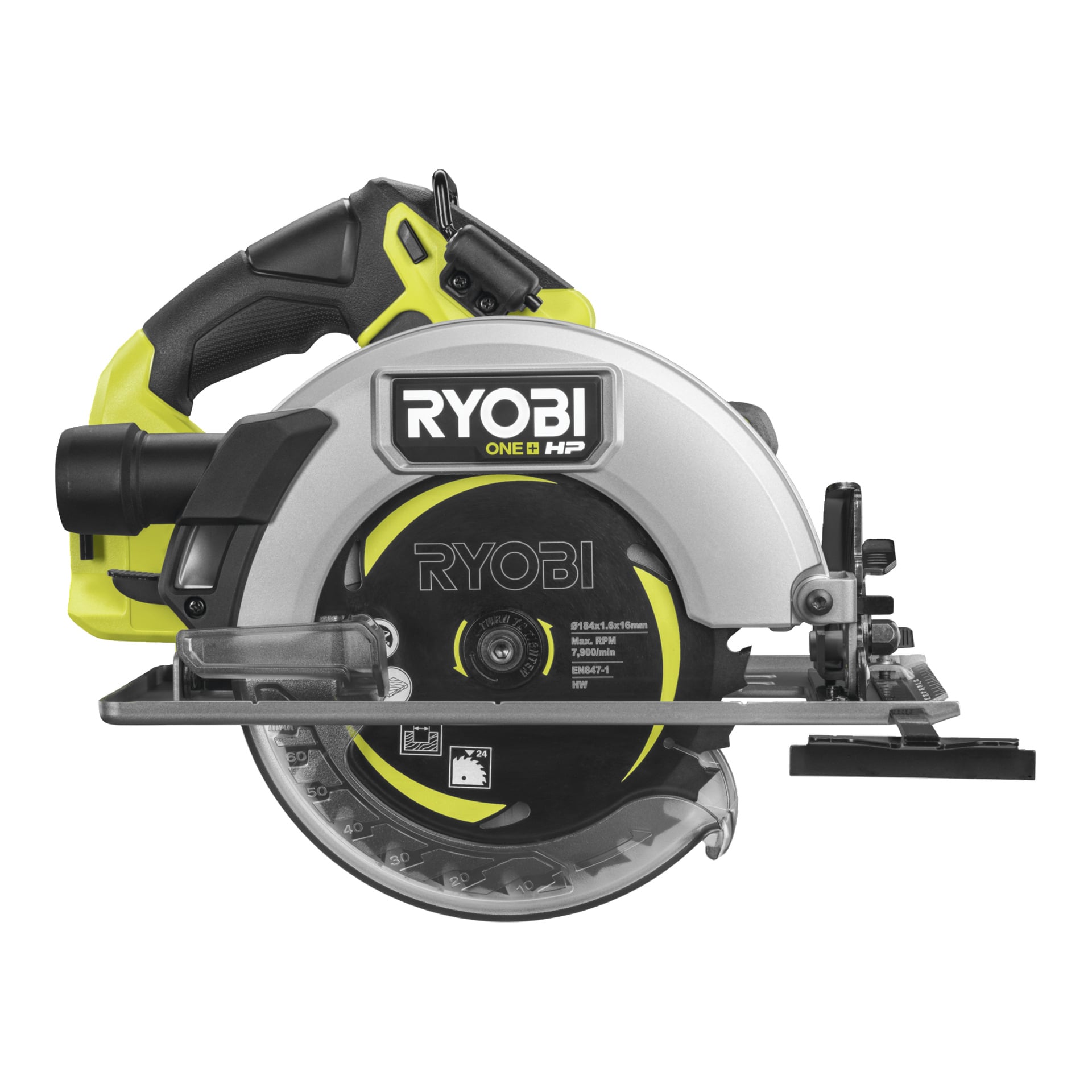 En Ryobi One+ HP sirkelsag RCS18X1-0 med en svart og sølvfarget kropp, synlig blad og sidehåndtak sett fra siden.