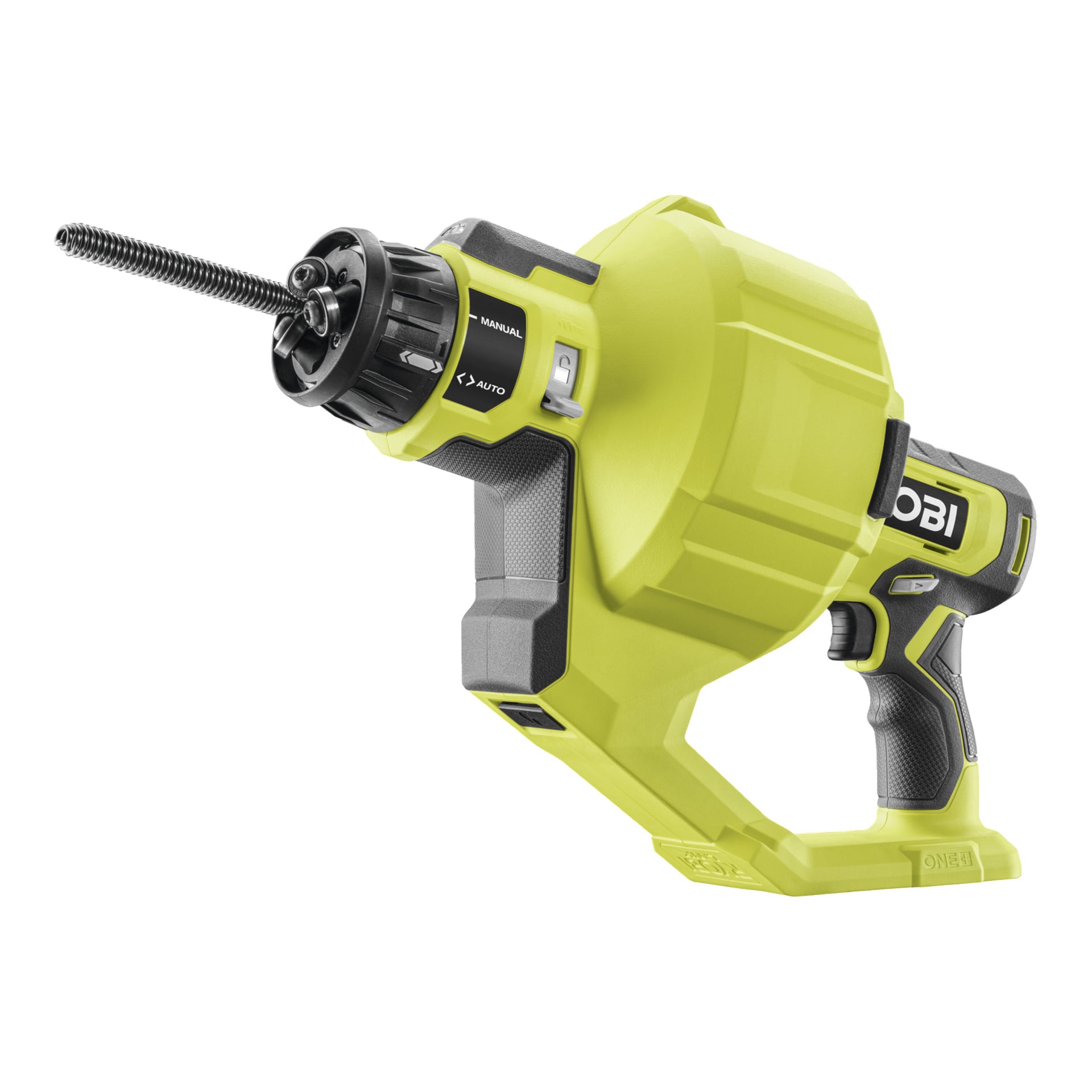 Gul og svart Ryobi One+ RDA18-0 avløpsrens med synlig svart kabel, grephåndtak og manuell/automatisk bryter for blokkering.
