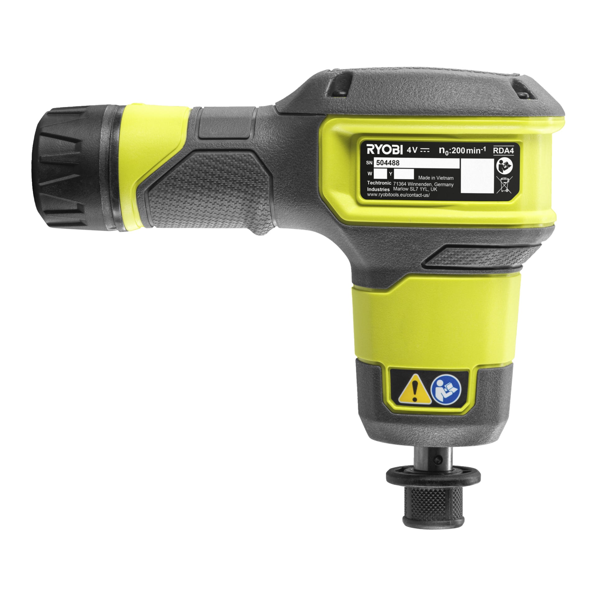 En Ryobi USB Lithium batteridrevet avløpsrens, modell RDA4-0, med en svart og knallgrønn kropp med sikkerhetsetiketter.