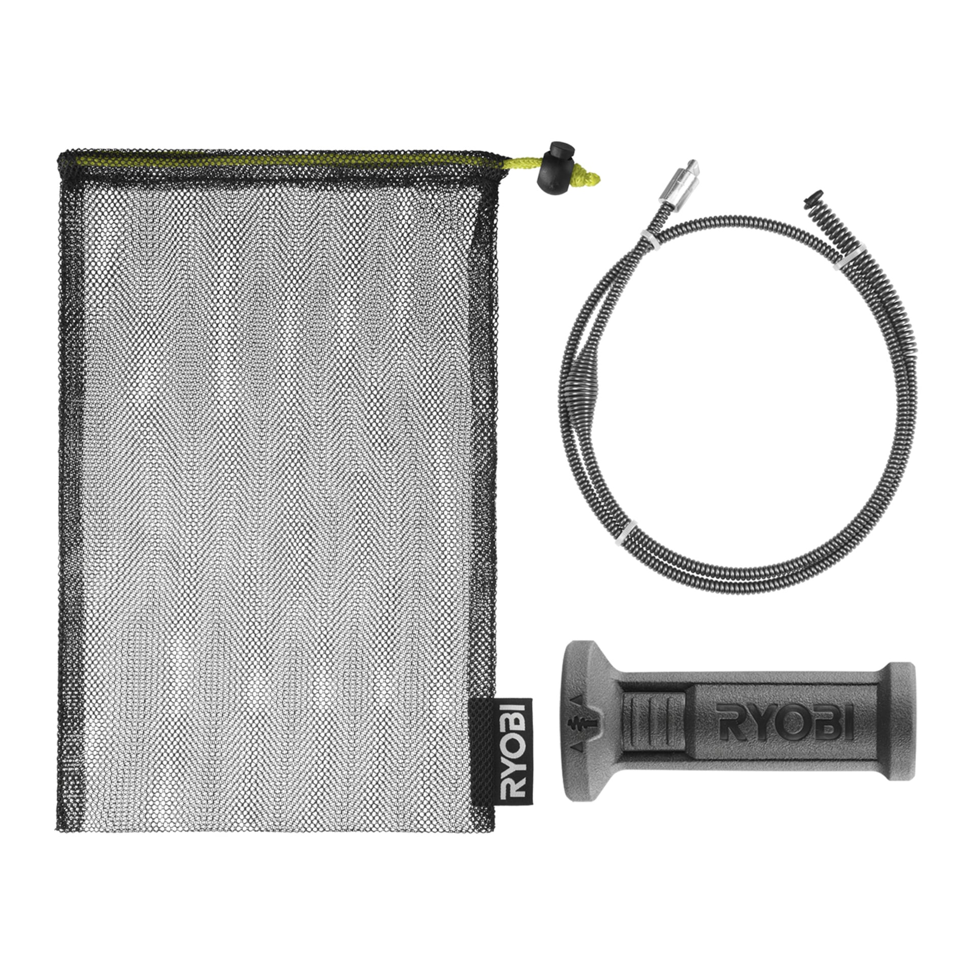 Tilbehør til Ryobi USB Lithium avløpsrens RDA4-0: svart nettingpose, fleksibelt skaft og grått Ryobi-håndtak.