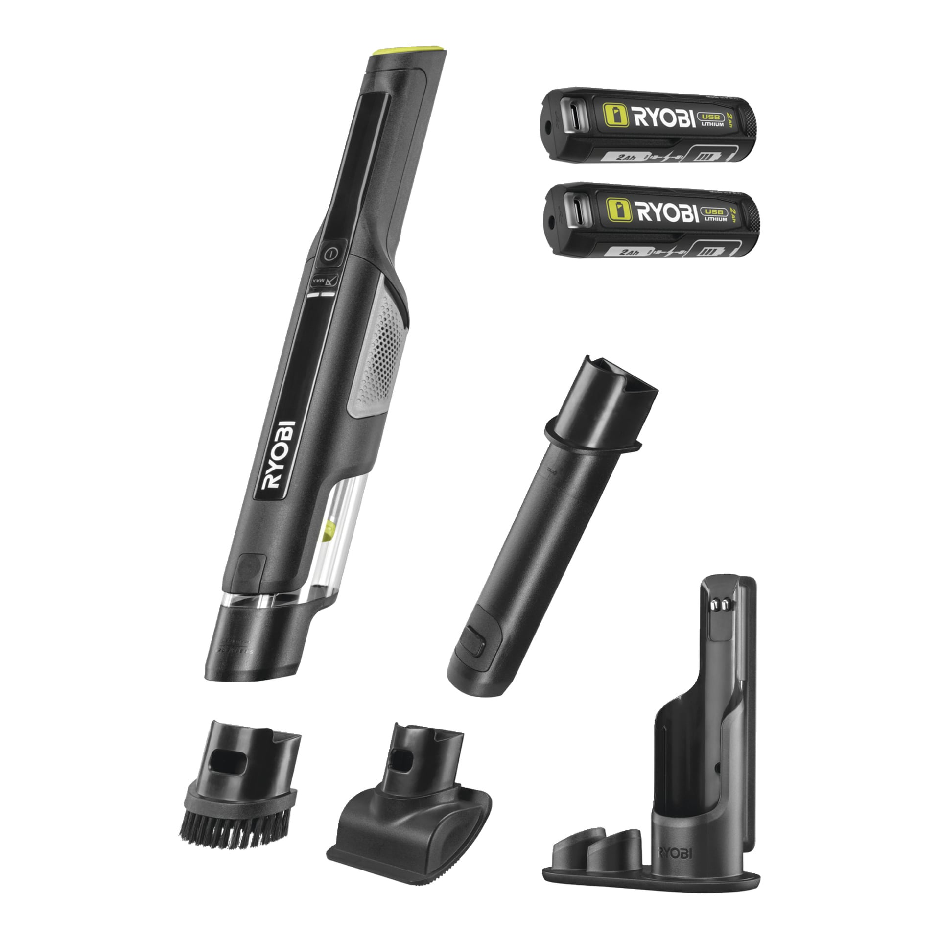 Ryobi USB Lithium Handheld Vacuum Cleaner RHV44-220G med två uppladdningsbara batterier, tre tillbehör, laddningsdocka och veckverktyg.