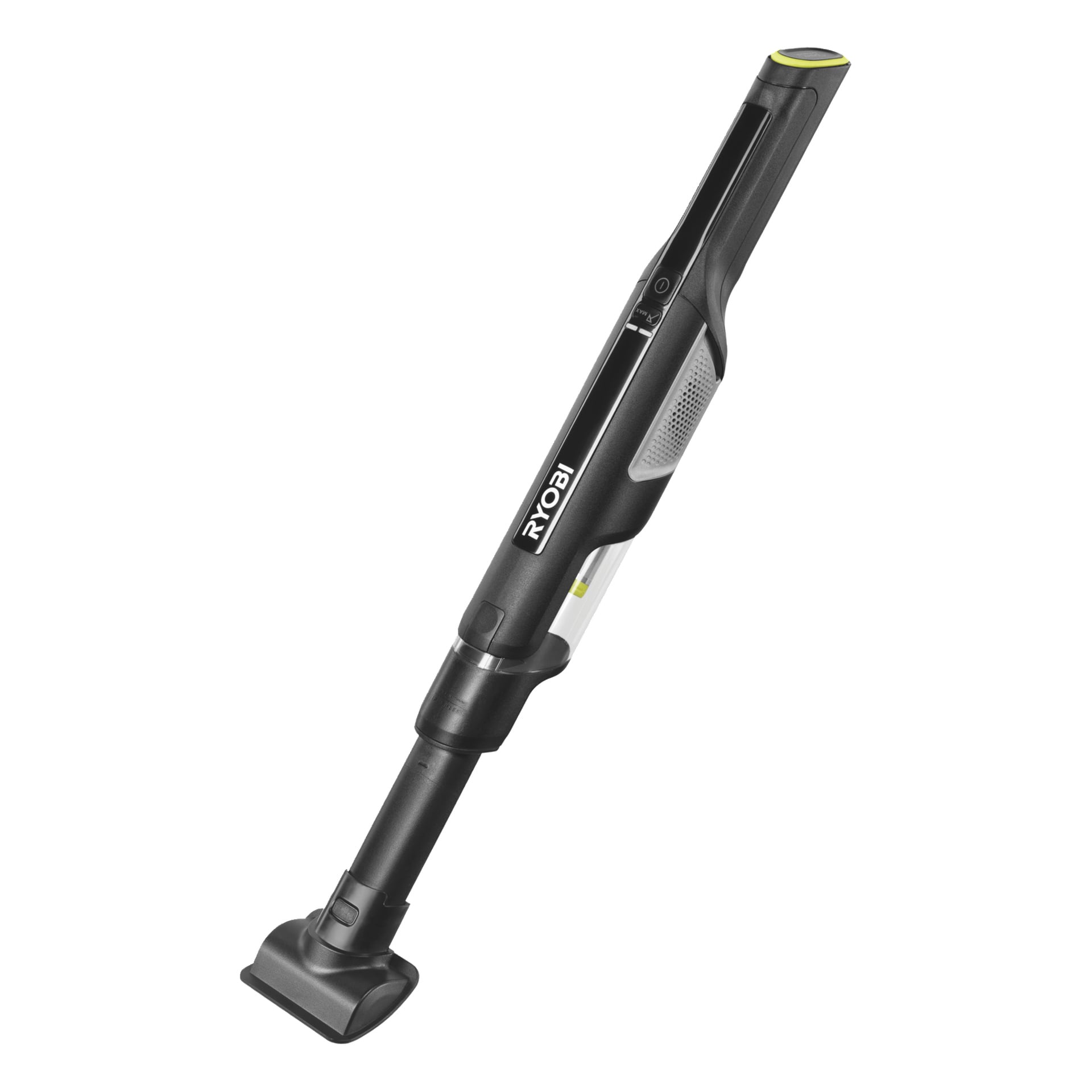 En svart Ryobi USB Lithium Handhållen dammsugare RHV44-220G med en smal kropp, vinklad handtag och rektangulärt sughuvud.