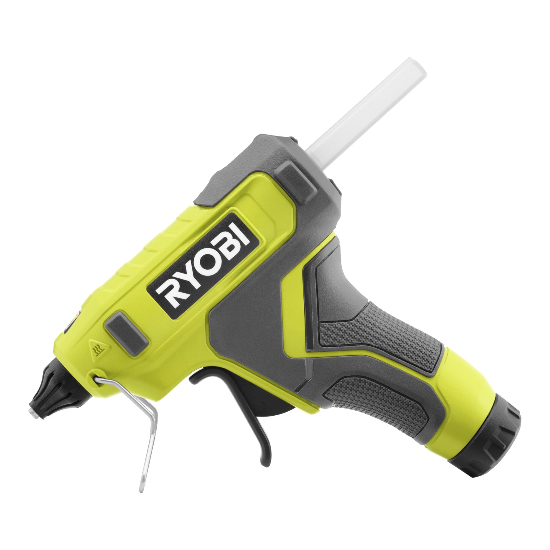 Pistolet do kleju Ryobi RGLU4-0 z baterią litową USB, korpus w szarym i zielonym kolorze, klej widoczny z tyłu, metalowy podstawek pod dyszą.