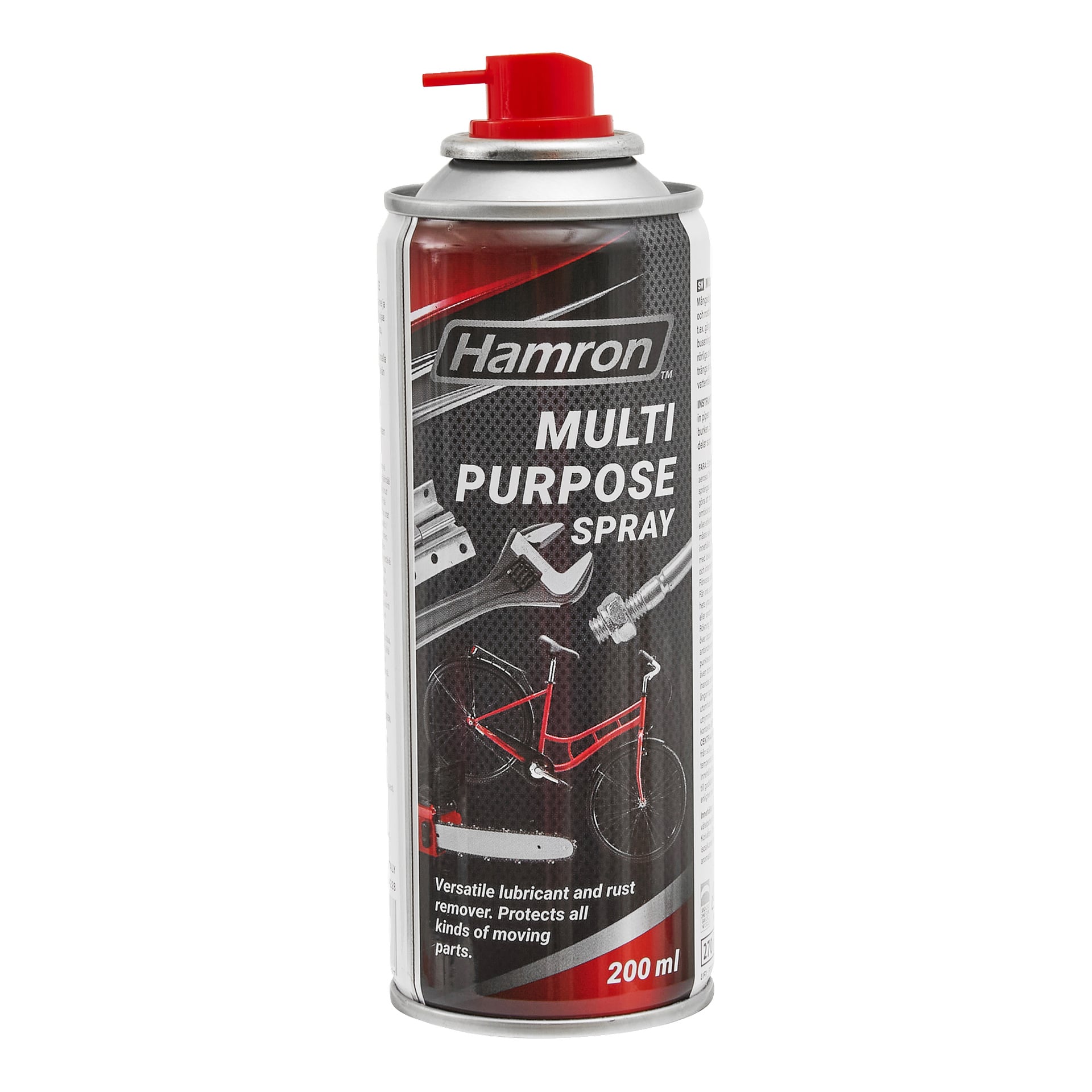 200 ml Hamron flerbruks sprayboks med rød dyse og en etikett som viser hengsel, skiftenøkkel, bolt og sykkel for å indikere bruken.