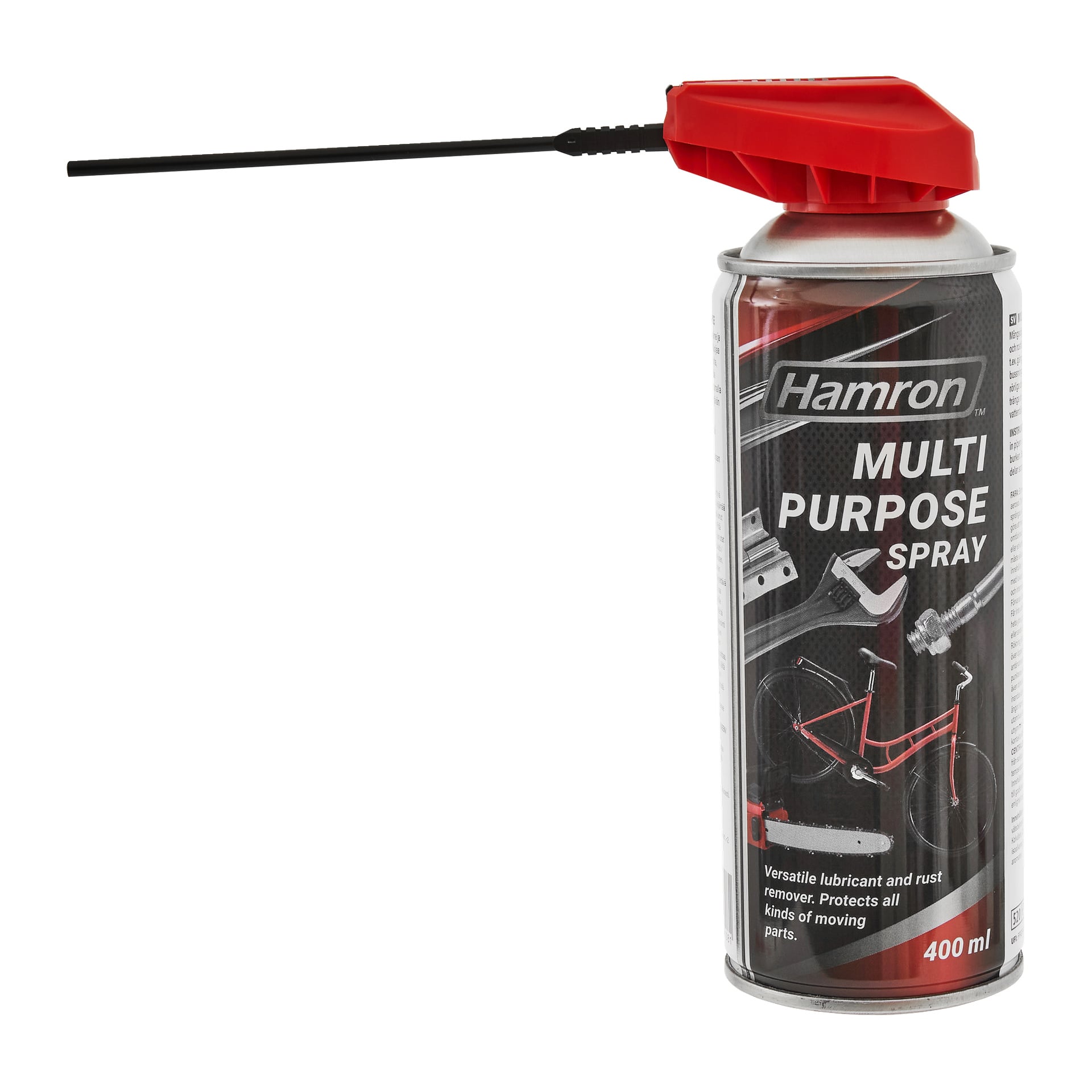 Hamron multipurpose sprayburk, 400 ml, med rött munstycke och sugrör; Markerad som smörjmedel och rostborttagare, har cykelgrafik.