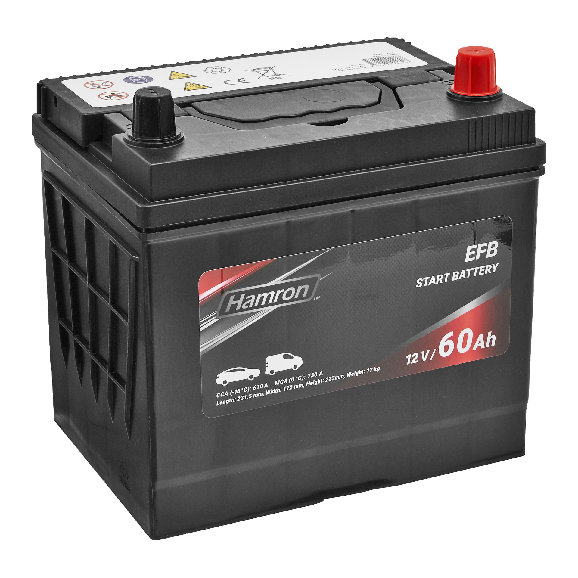 Svart Hamron EFB bilbatteri, röda och svarta terminaler, 12V 60Ah, sida detaljerad med tryckta specifikationer.
