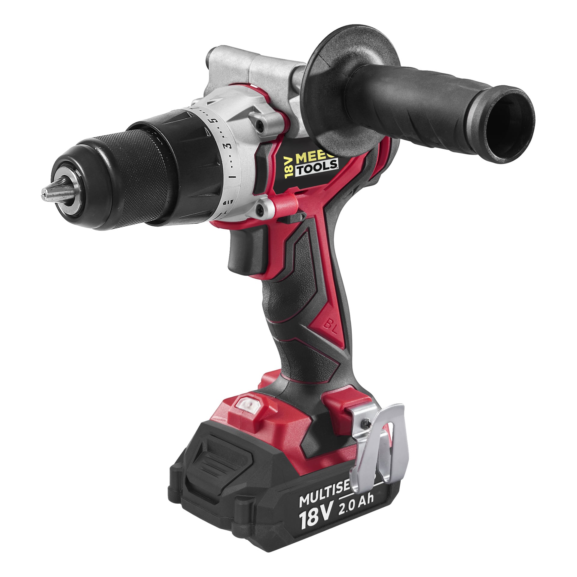 Ein schwarz-rotes akkuloses, bürstenloses Schraubendreher-Bausatz, DD-18V WORK 700 von Meec Tools Multiseries, ausgestattet mit Seitengriff, 18V 2,0Ah-Batterie, Metallriemenclip und verstellbaren Einstellungen am Bohrkopf.