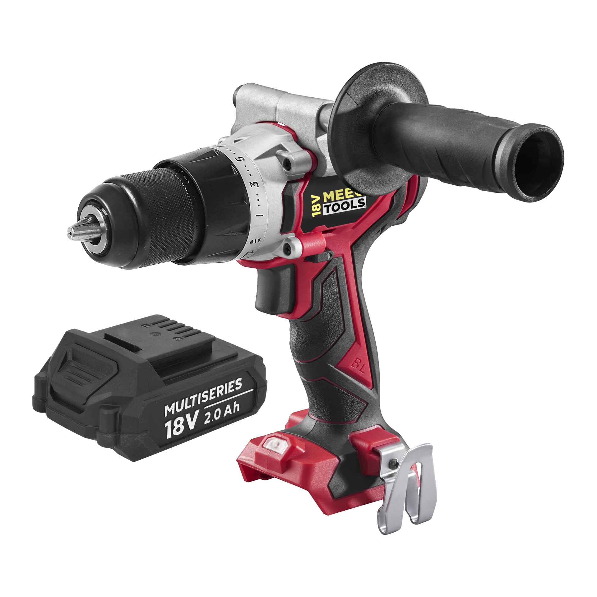 En röd och svart Meec Tools Multiseries DD-18V WORK 700 sladdlös borstlös skruvmejsel med sidohandtag står bredvid ett 18V 2,0Ah batteripaket märkt MULTISERIES.