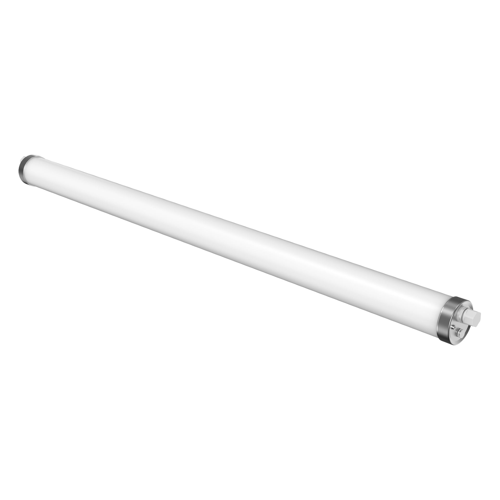 Anslut Industrial LED-armatur, hvit og sylindrisk med metalliske endekapsler, vist diagonalt.