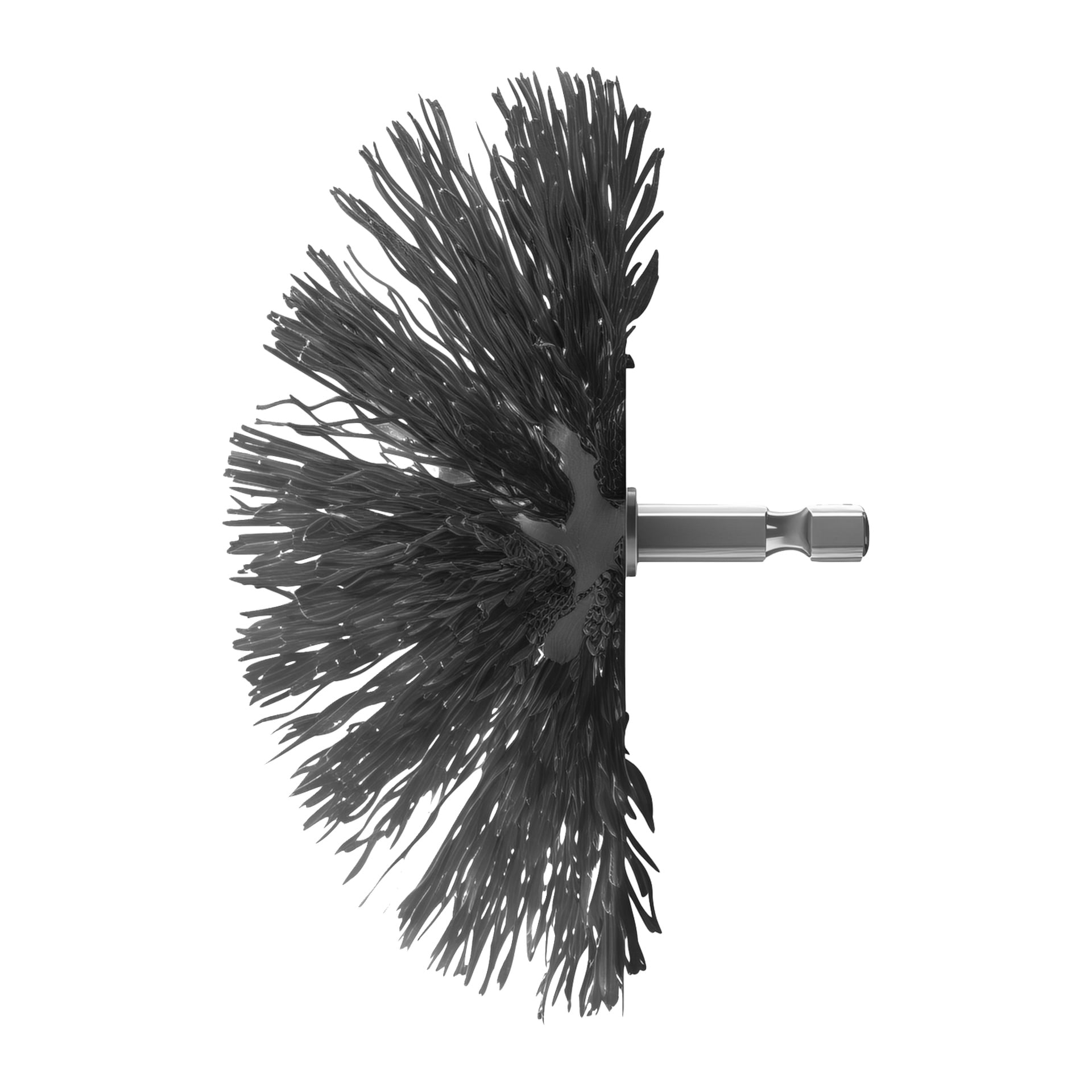 Zbliżenie na szczotkę Ryobi USB Lithium Cleaning RACLRH110 z okrągłą głowicą do odkurzania, gęstymi włosiami i metalowym trzonkiem do zamontowania.