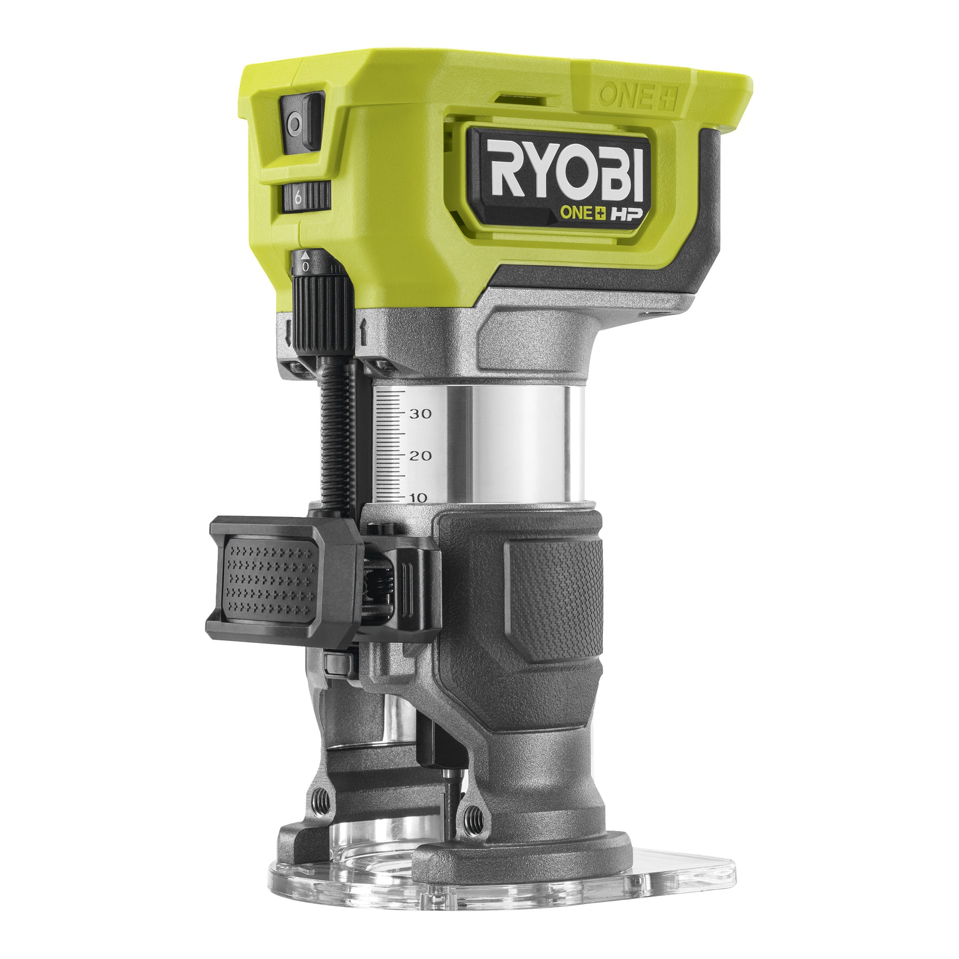 En Ryobi One+ HP håndholdt ruter RTR18C-0 med grønt og svart kamerahus, dybdeskala, gjennomsiktig base og ergonomisk håndtak.