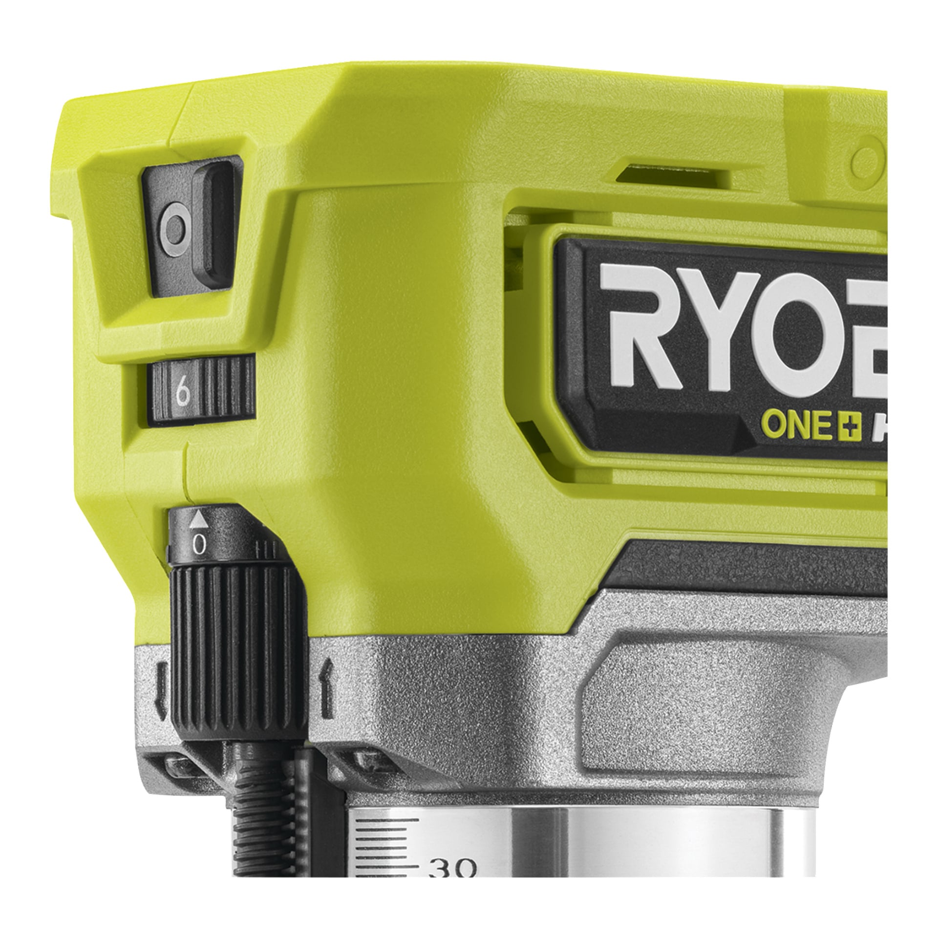 Ryobi One+ HP håndholdt ruter RTR18C-0 med gulgrønn kropp, svart nummerert skive (0–6) og synlig metallseksjon.