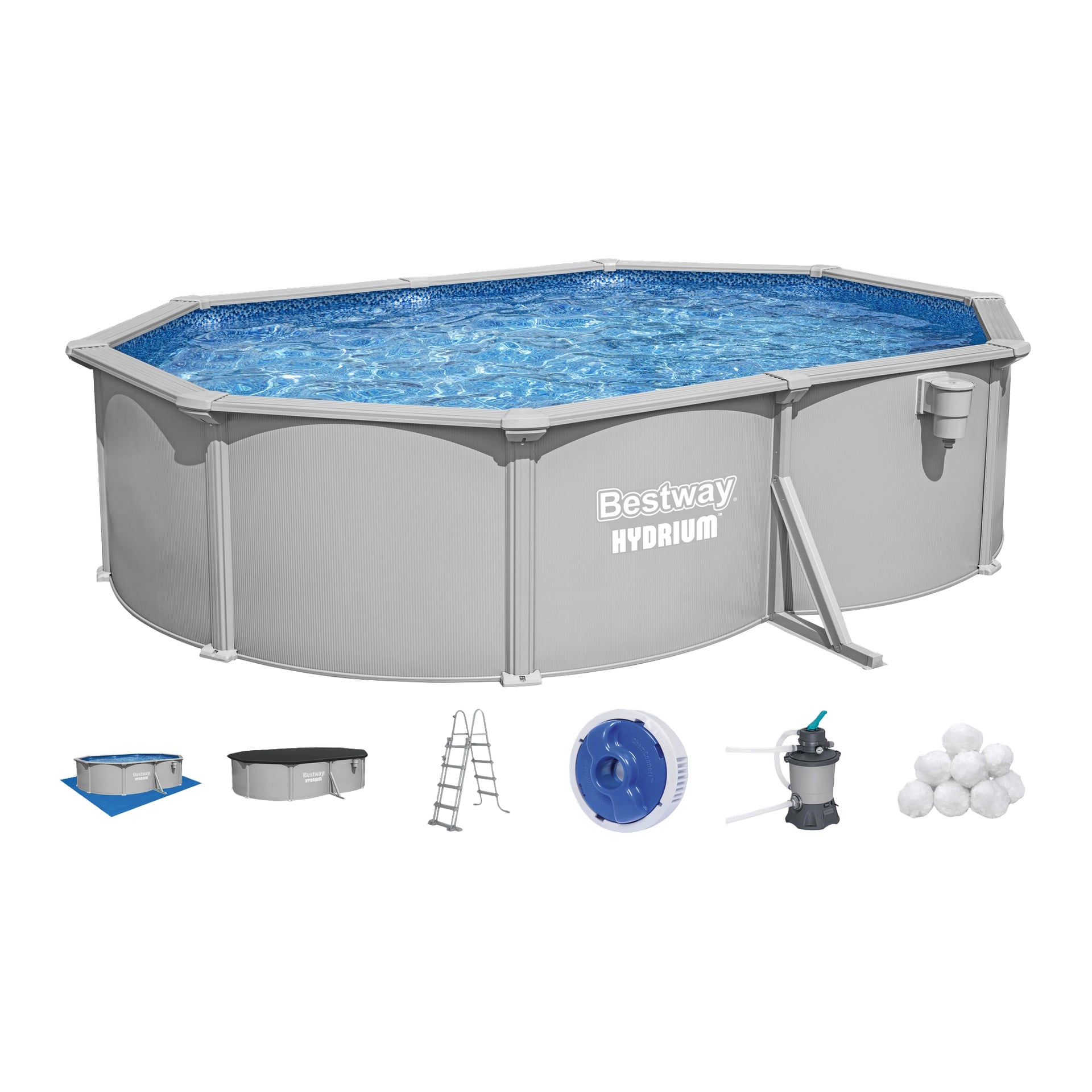 Bestway Hydrium oval ovanjordisk pool fylld med vatten, visad med lock, markduk, stege, skummare, filterpump och filterbollar.