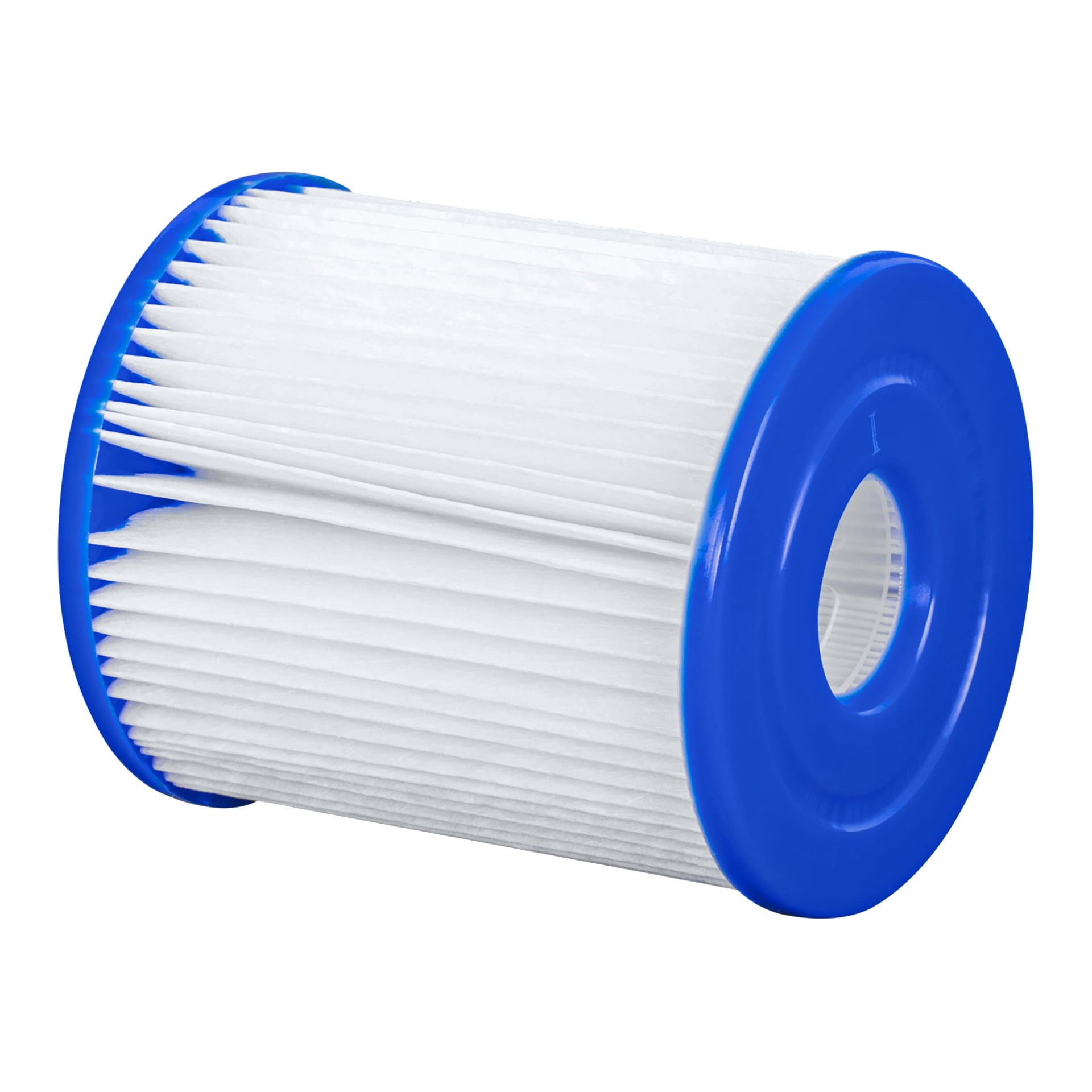 Bestway Pool Filter Cartridge (I) 2-pakken viser to hvite, plisserte sylindriske filtre med blå plastendekapper.