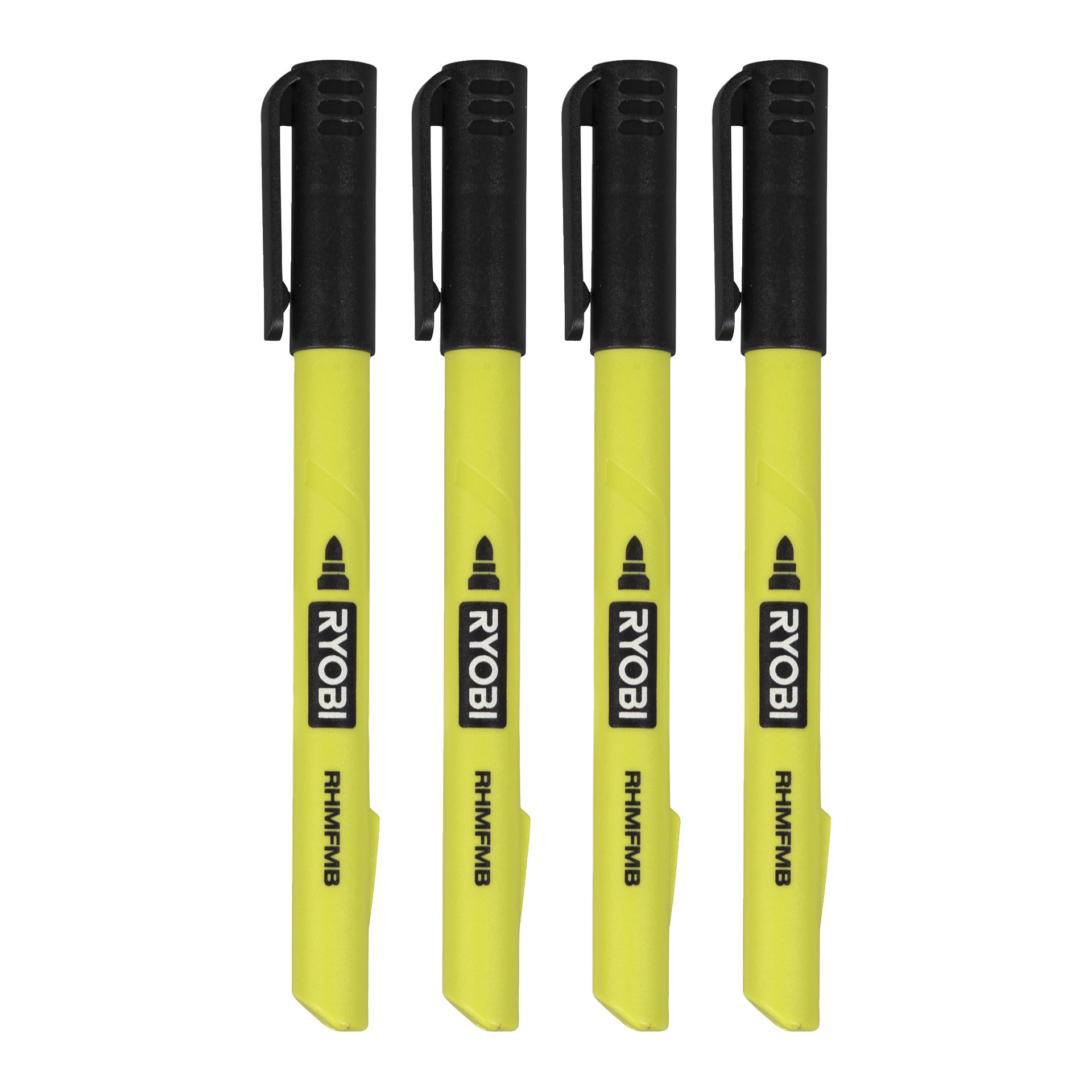Fyra gula Ryobi-markörer med svarta lock och clips är placerade vertikalt i en rad. Varje markör har Ryobi-logotypen och modellnumret "RHMFM8" tryckt på sidan.